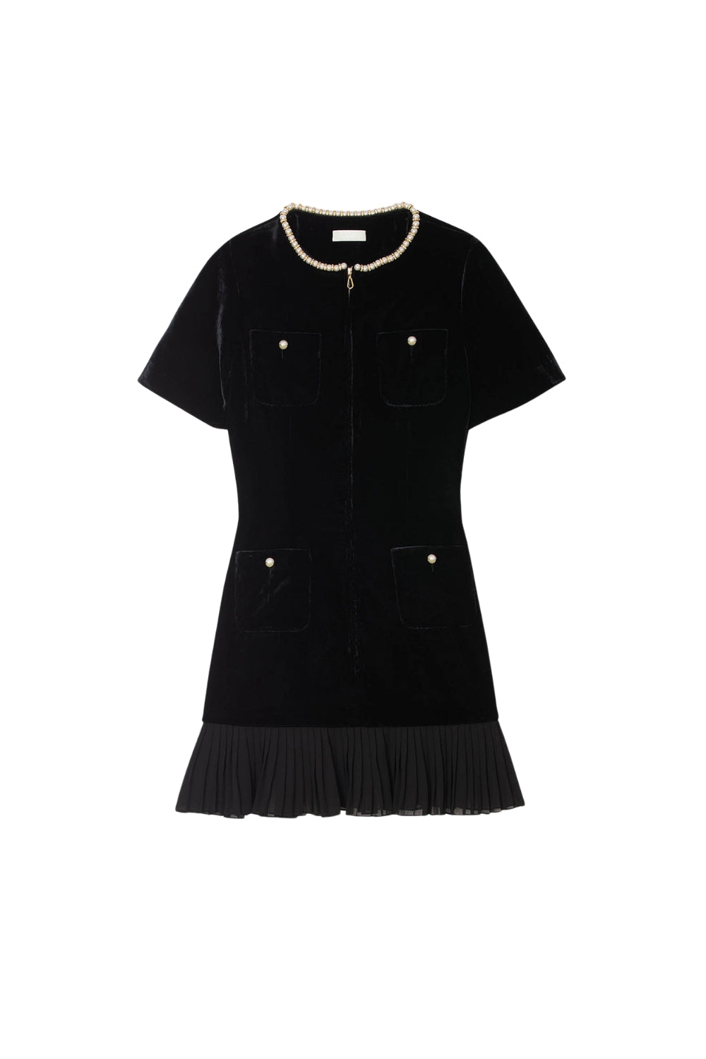 VELVET PEARL COLLAR PLEATED MINI DRESS, BLACK