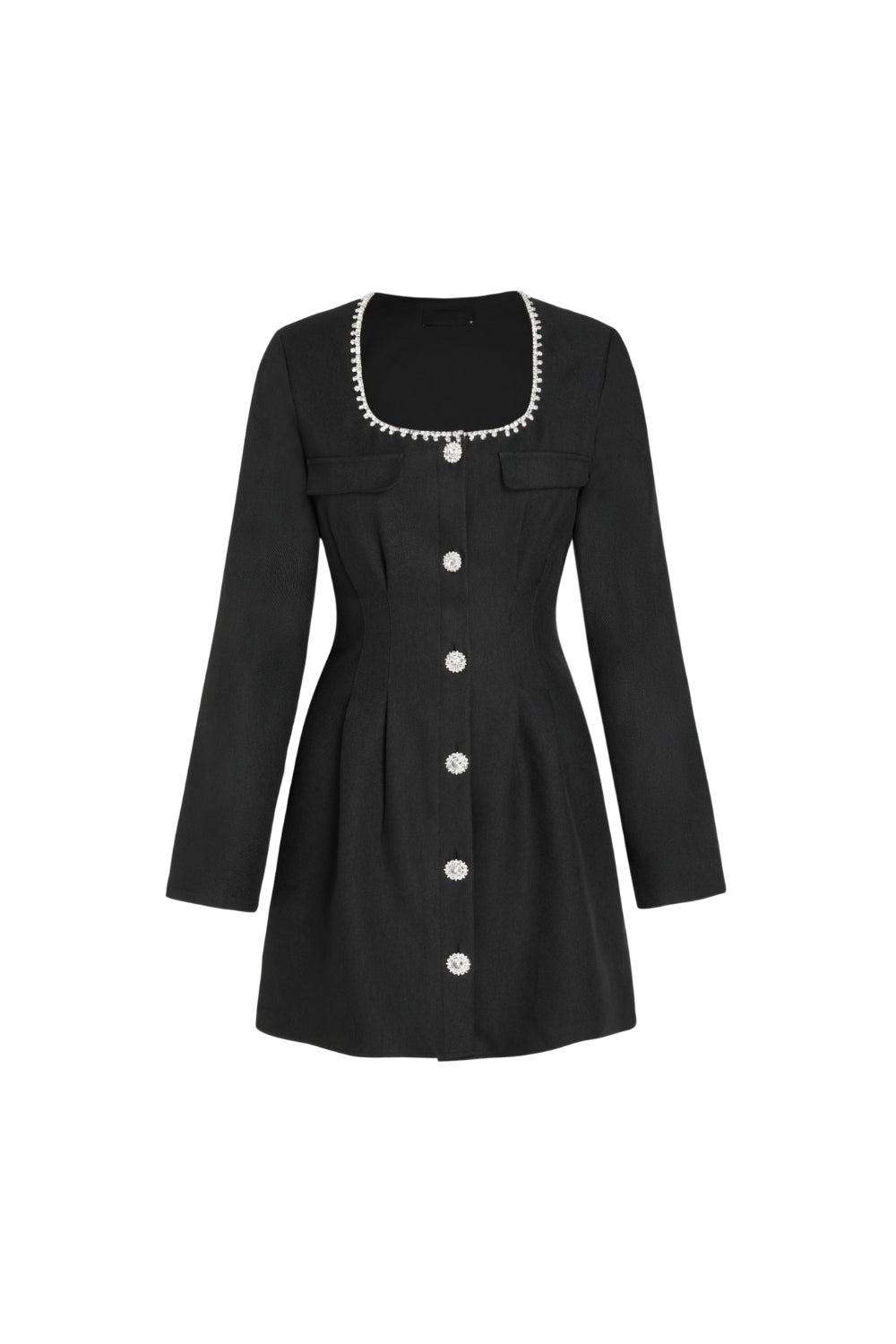 BLACK SQUARE NECK RHINESTONE PLEATED MINI DRESS