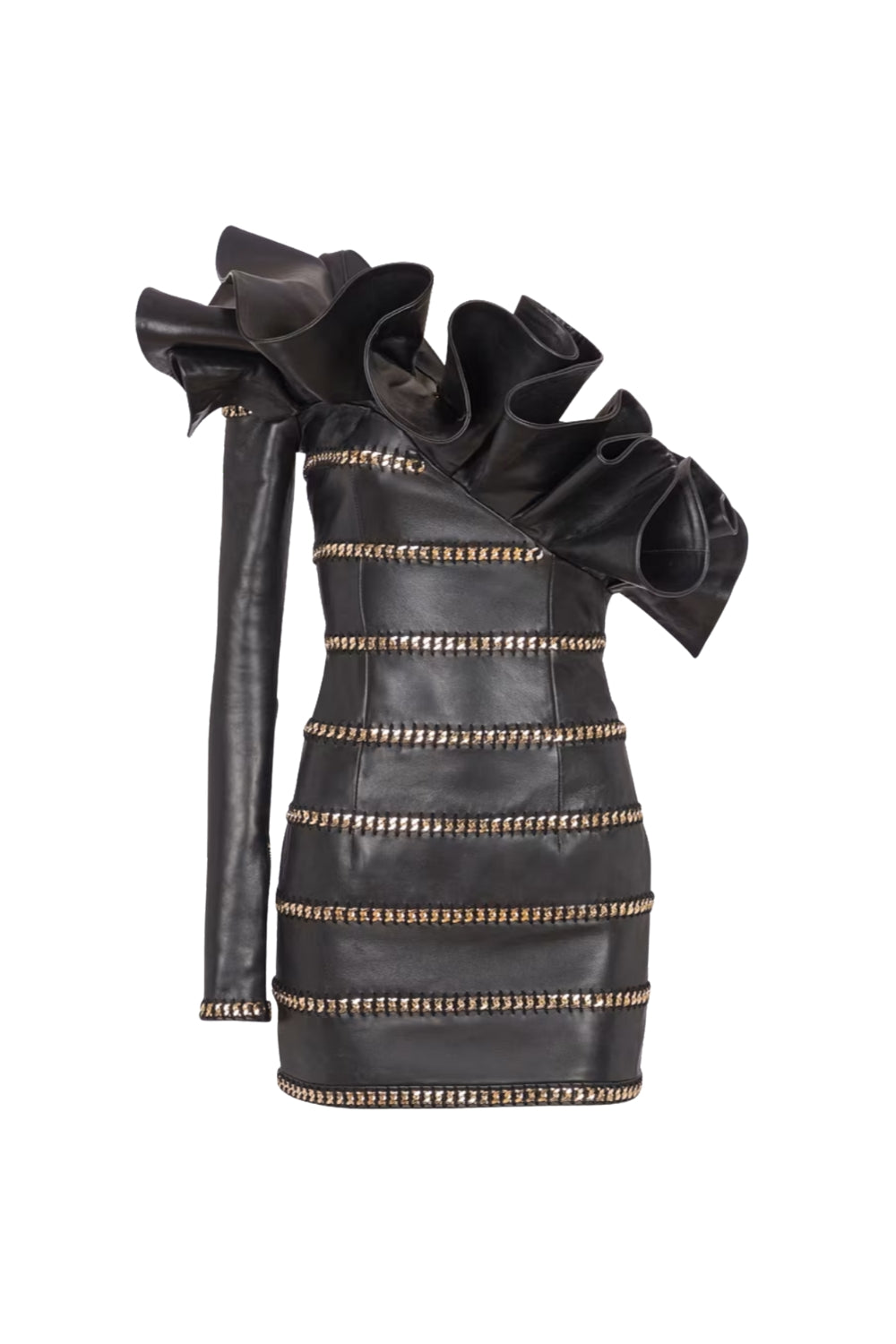RANTAN ONE-SHOULDER ASYMMETRIC LEATHER RUFFLE MINI DRESS