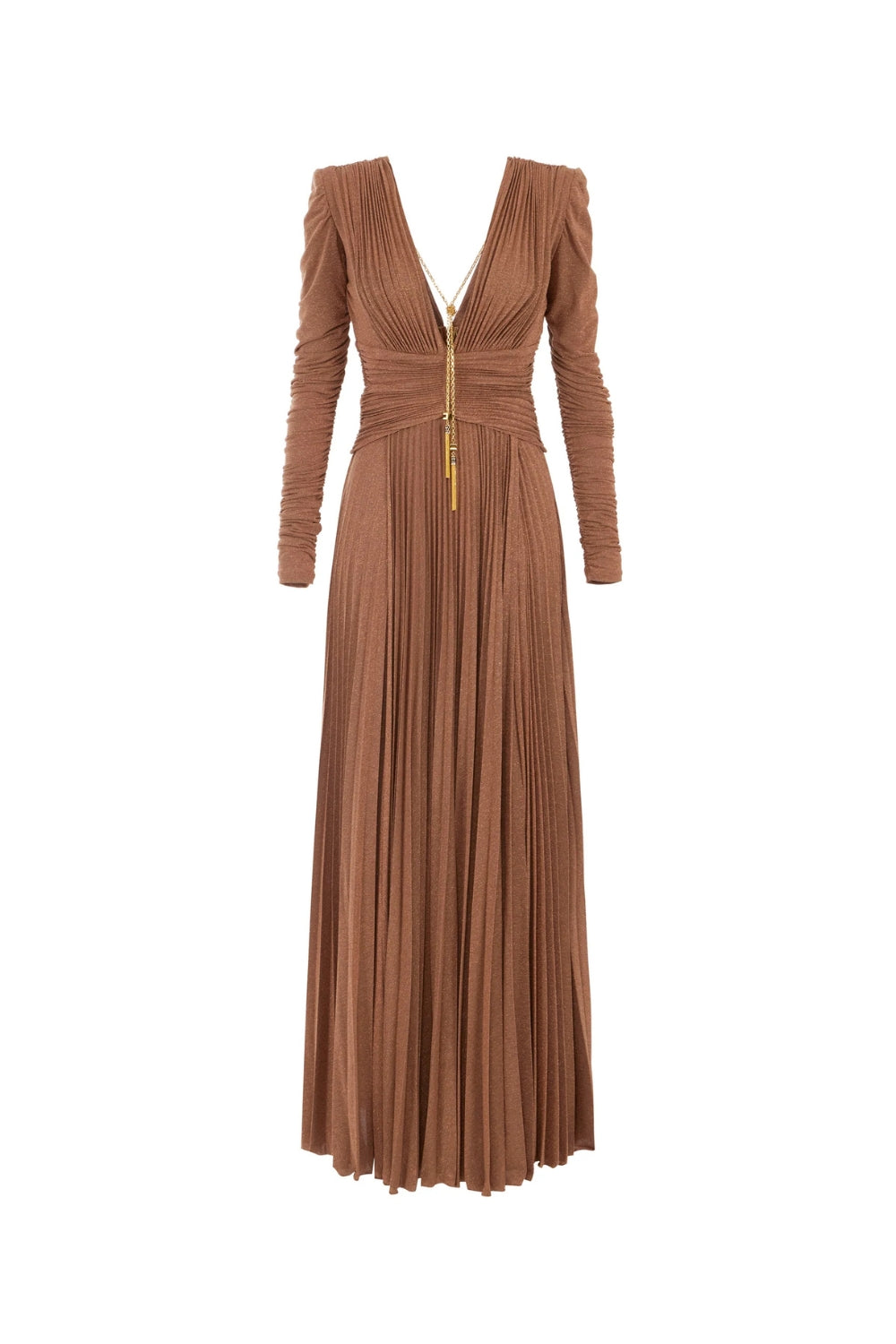 MEROY BROWN DEEP V PUFF SLEEVE PLEATED MAXI DRESS