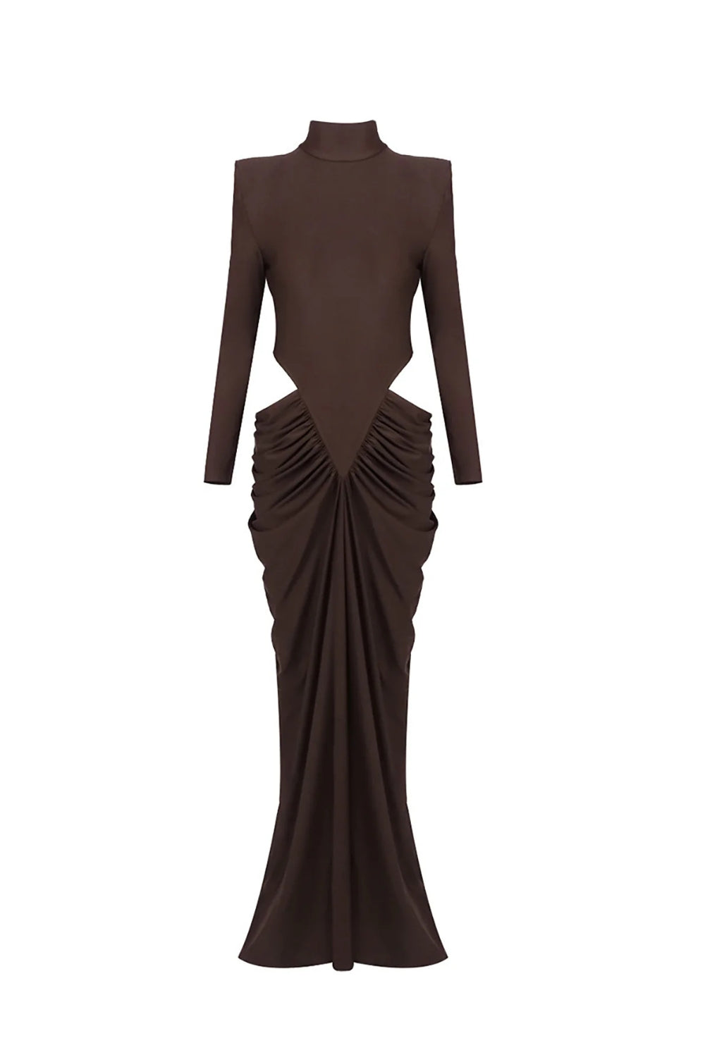 JACQUELINE BROWN TURTLENECK CUTOUT BODYCON GOWN