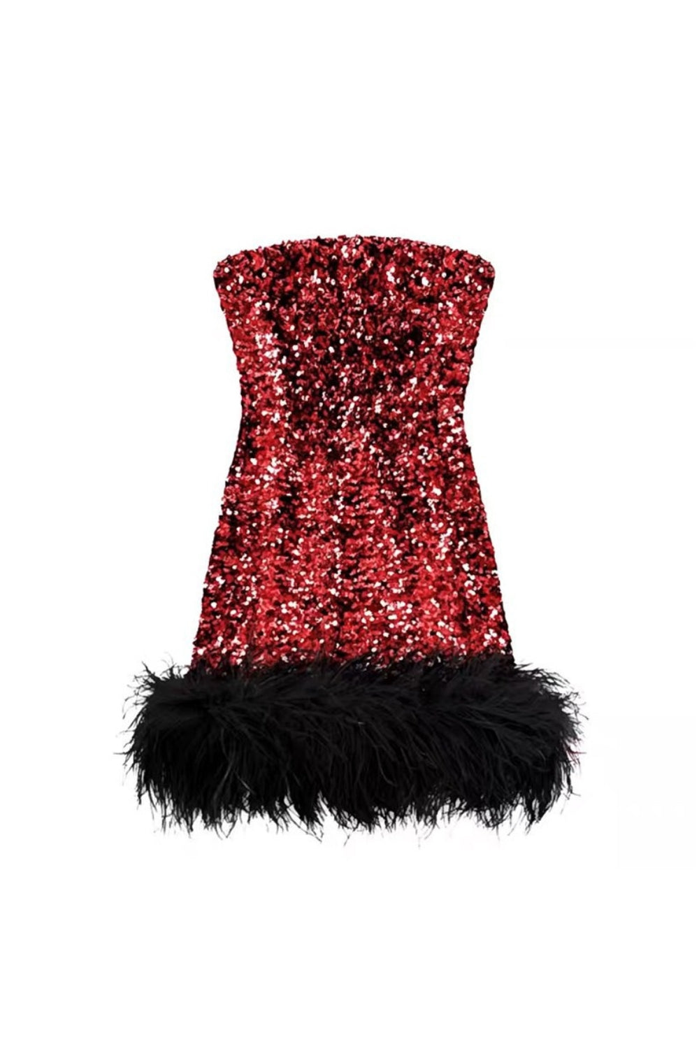 QUINTINA RED SEQUIN FEATHER STRAPLESS PARTY MINI DRESS
