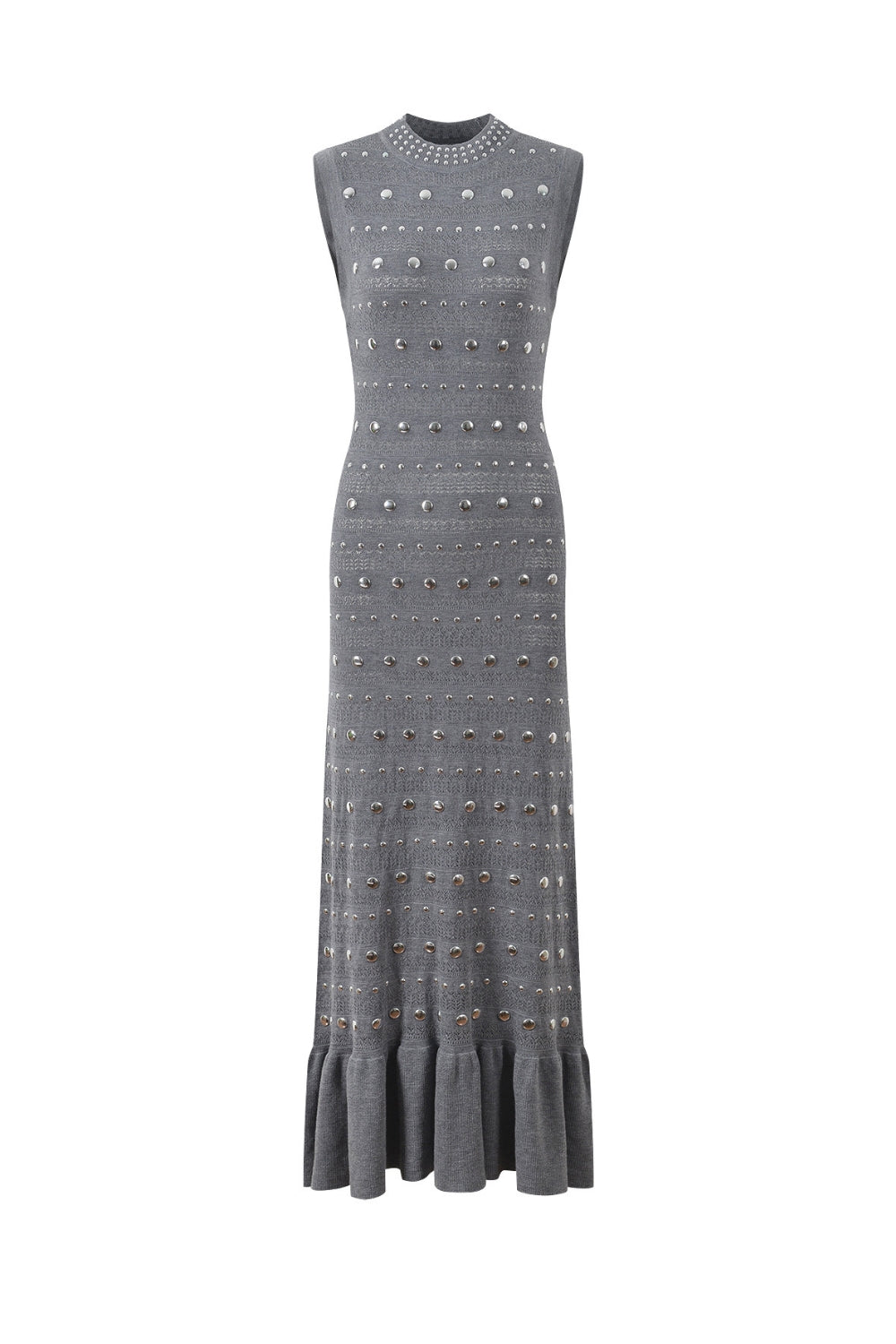 VALERIE STUDDED KNIT SLEEVELESS MIDI DRESS GRAY