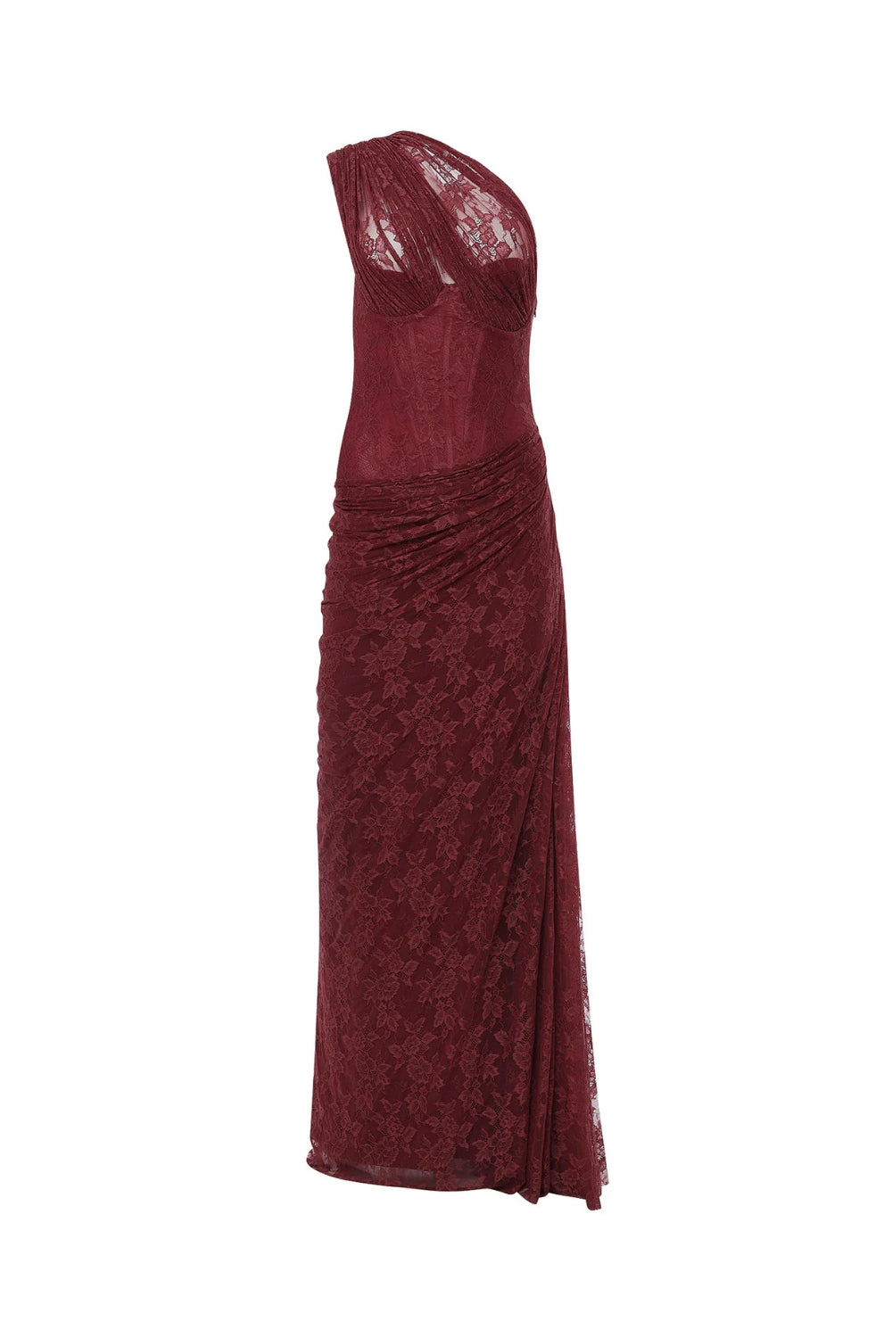 WENDY BURGUNDY LACE ONE-SHOULDER MAXI DRESS FOR EVENTS