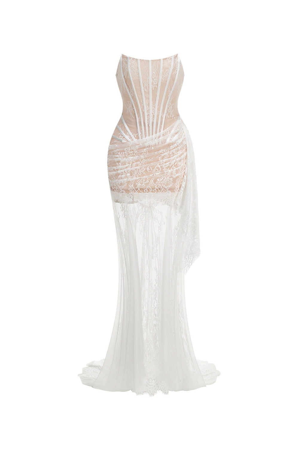 IVORY SHEER LACE CORSET MAXI DRESS FOR WEDDING