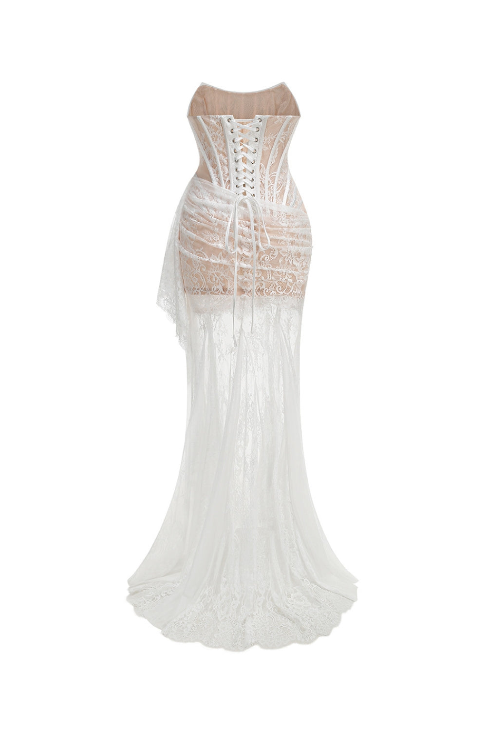 IVORY SHEER LACE CORSET MAXI DRESS FOR WEDDING