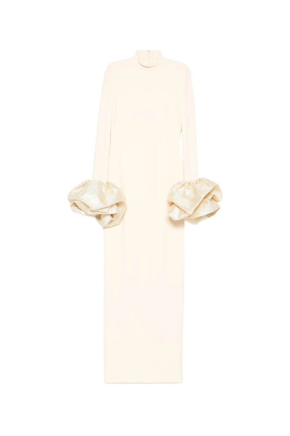 RACHEL WHITE RUFFLED CRYSTAL GOWN | MOCK-NECK EVENING DRESS