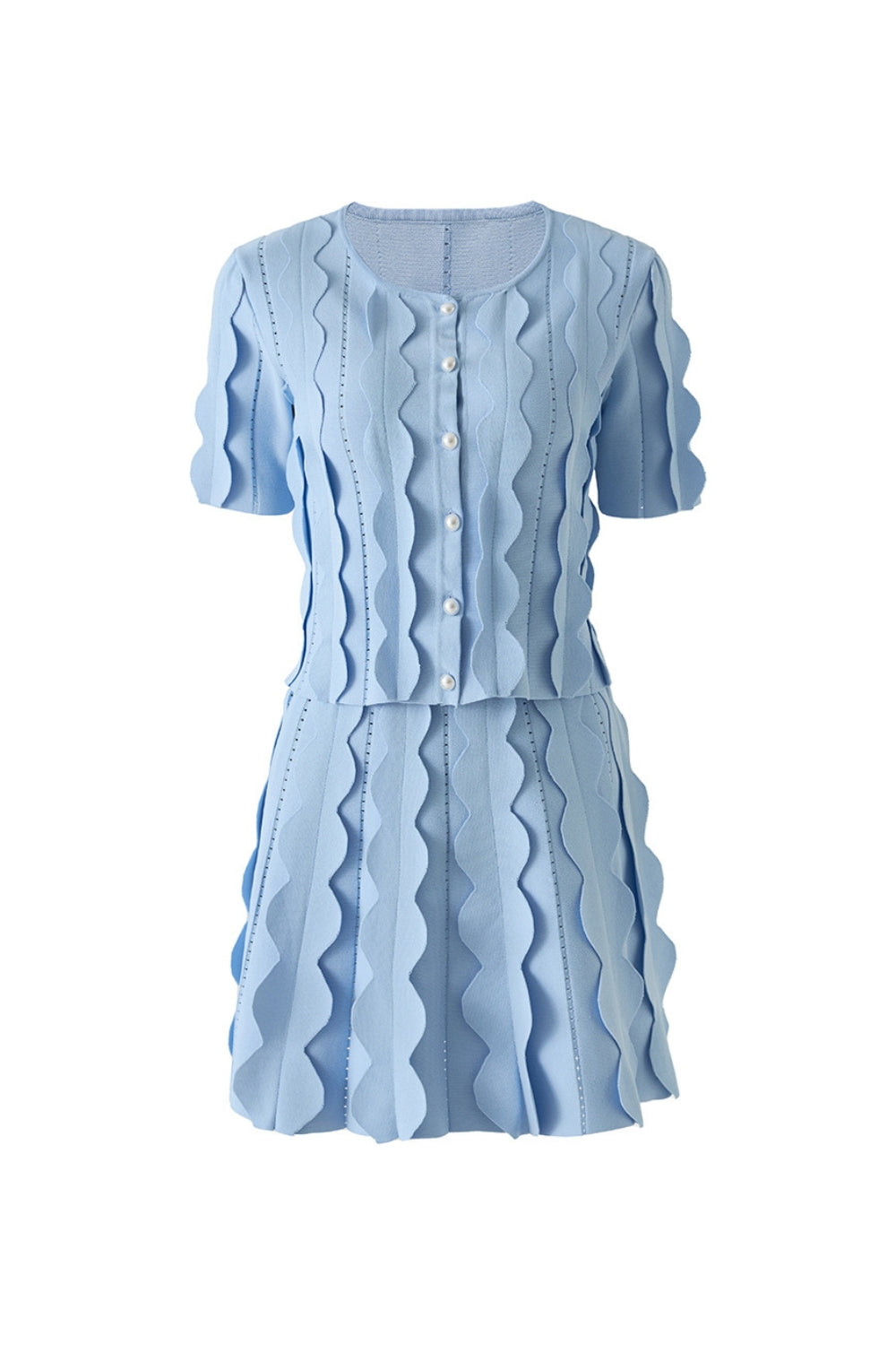 BLUE GEOMETRIC PRINT SKIRT SET, TWO-PIECE CARDIGAN