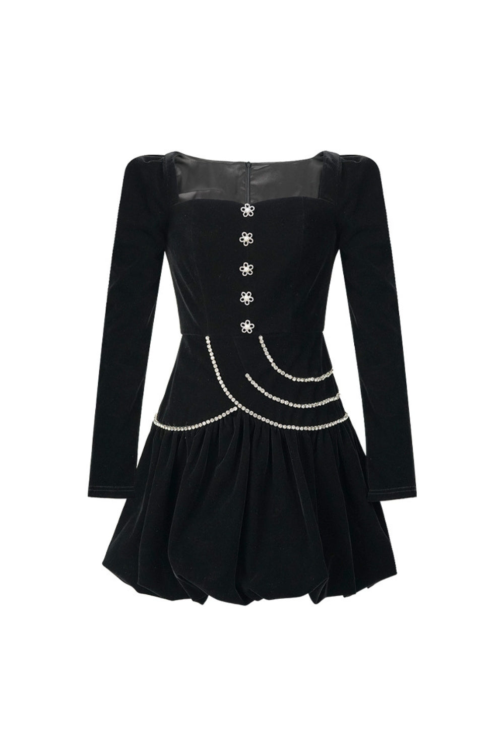 VANESSA BLACK VELVET SQUARE NECK RHINESTONE MINI DRESS