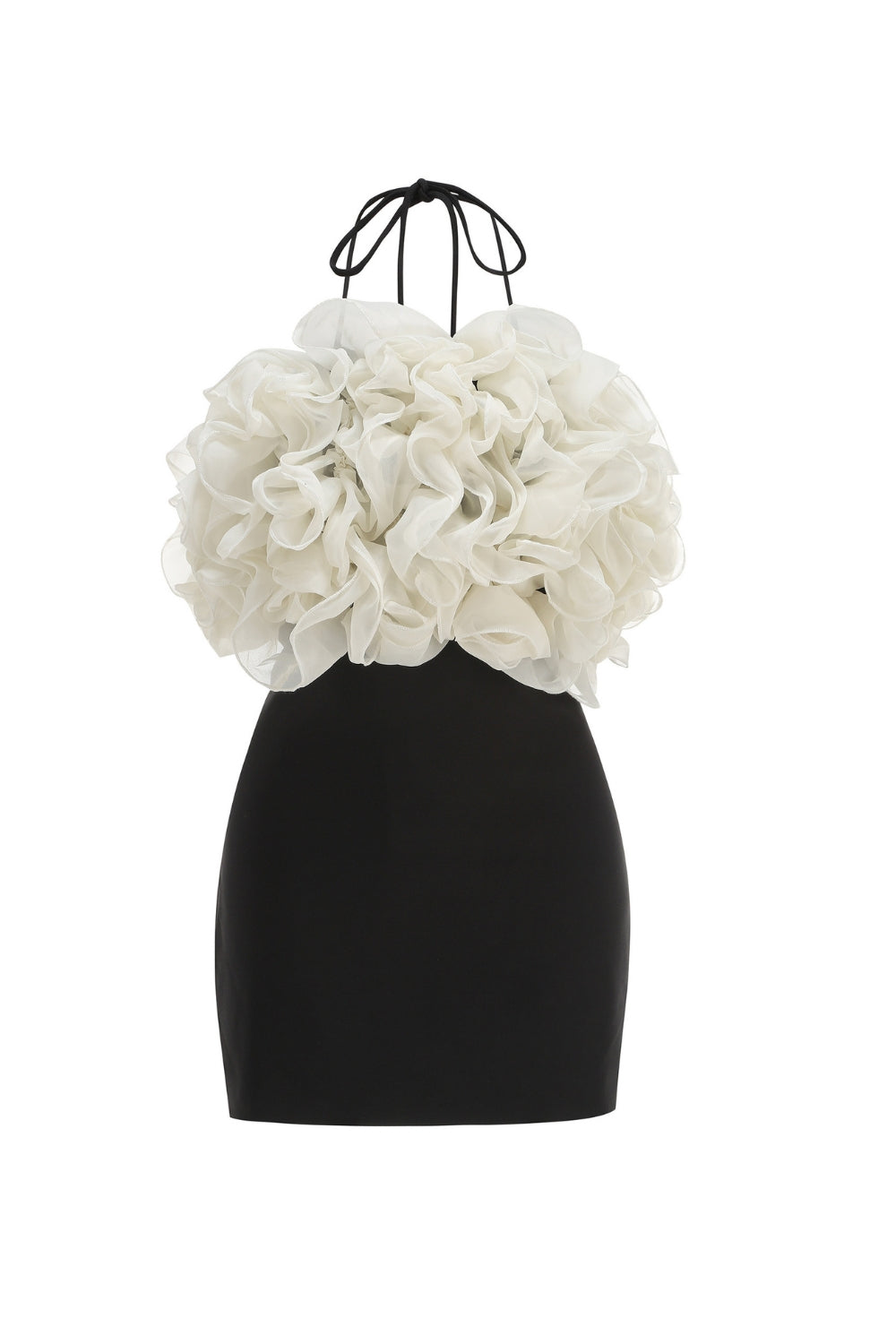 ROSEMARY BACKLESS RUFFLE MINI BLACK DRESS