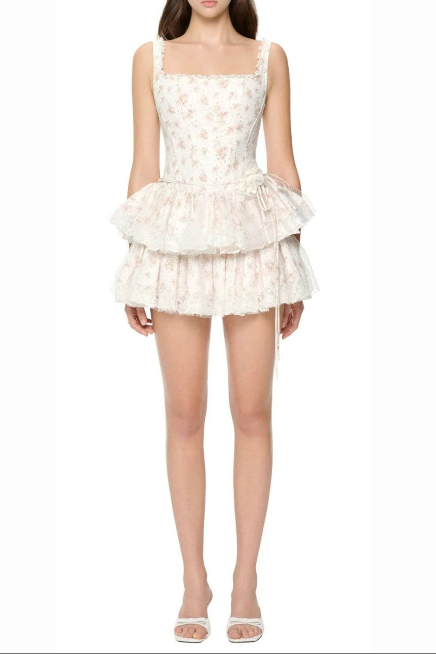 alisa floral printed lace trim mini dress in white