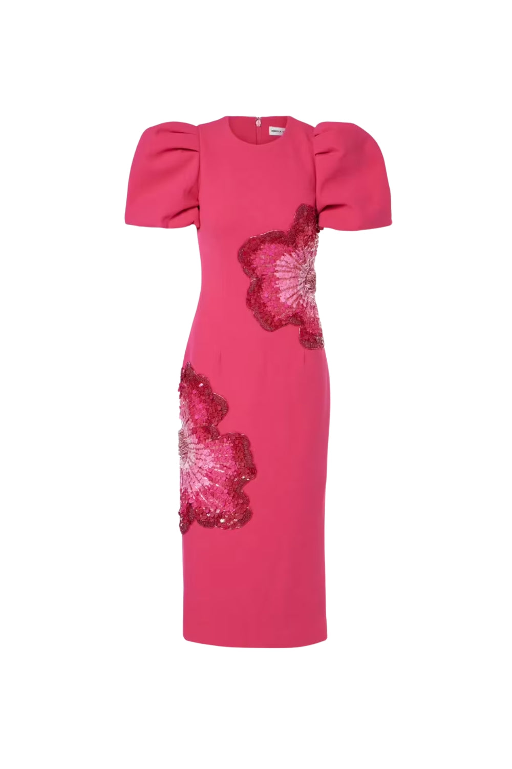 SEQUIN FLOWER PUFF SLEEVE MIDI DRESS IN PINK