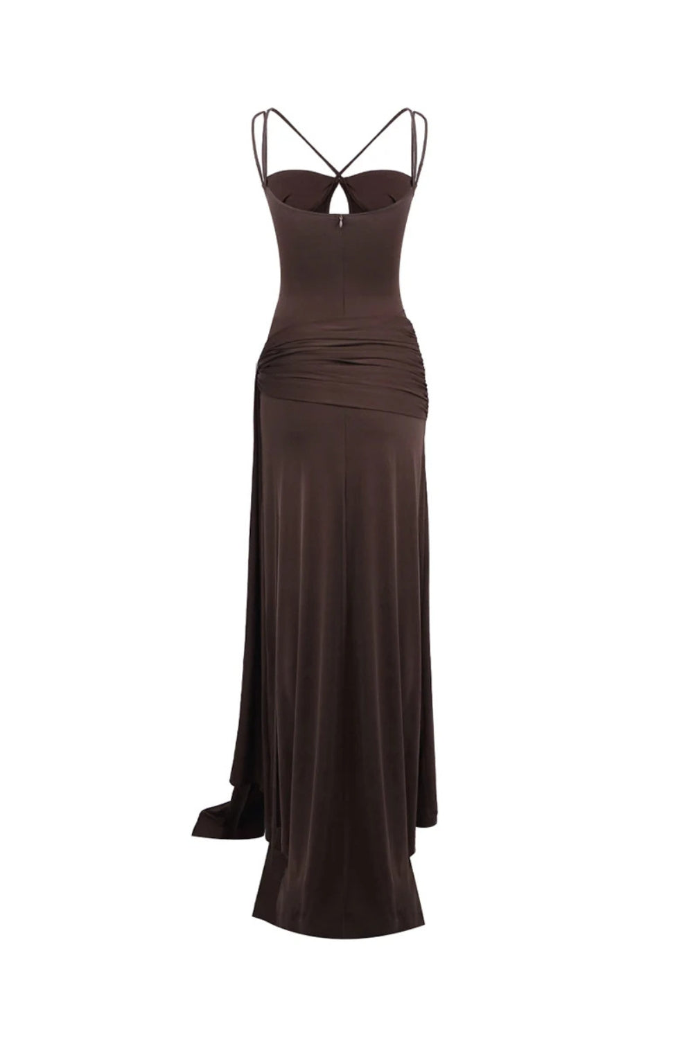 BROWN PLEATED STRAPY DRAPED SLIT MAXI DRESS
