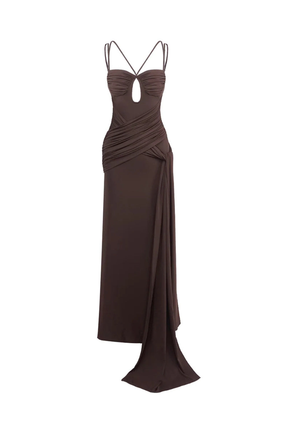 BROWN PLEATED STRAPY DRAPED SLIT MAXI DRESS
