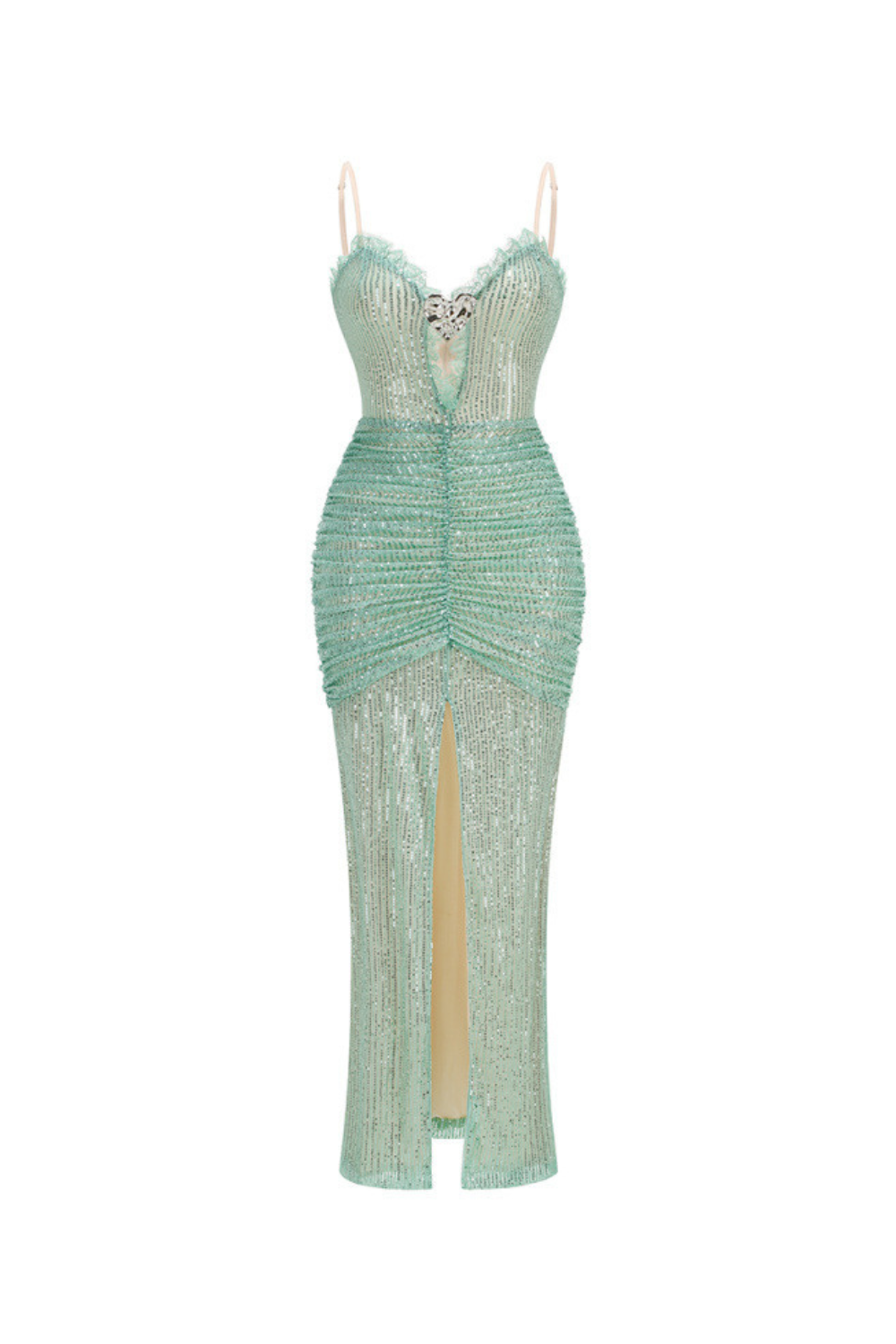 BERTHA GREEN SEQUIN HIGH SLIT PLEATED MAXI DRESS