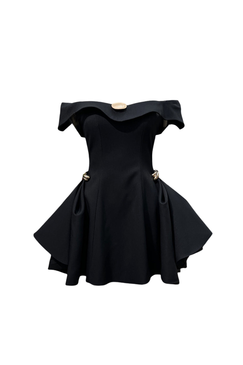 METAL A-LINE OFF-SHOULDER MINI BLACK DRESS