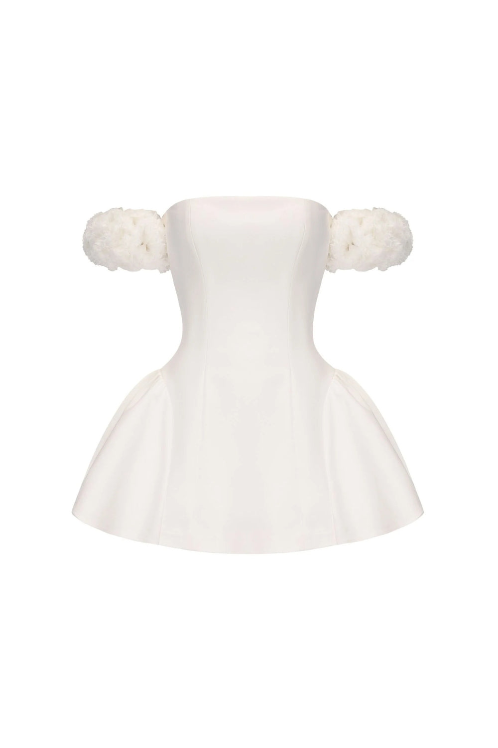 SHERRY FLOWER STRAPLESS PUFFY MINI DRESS WHITE