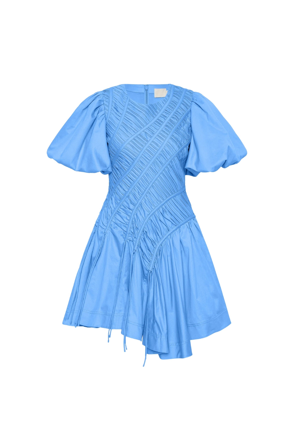 EUDRIA ASYMMETRIC PUFF SLEEVE MINI DRESS IN MIST BLUE