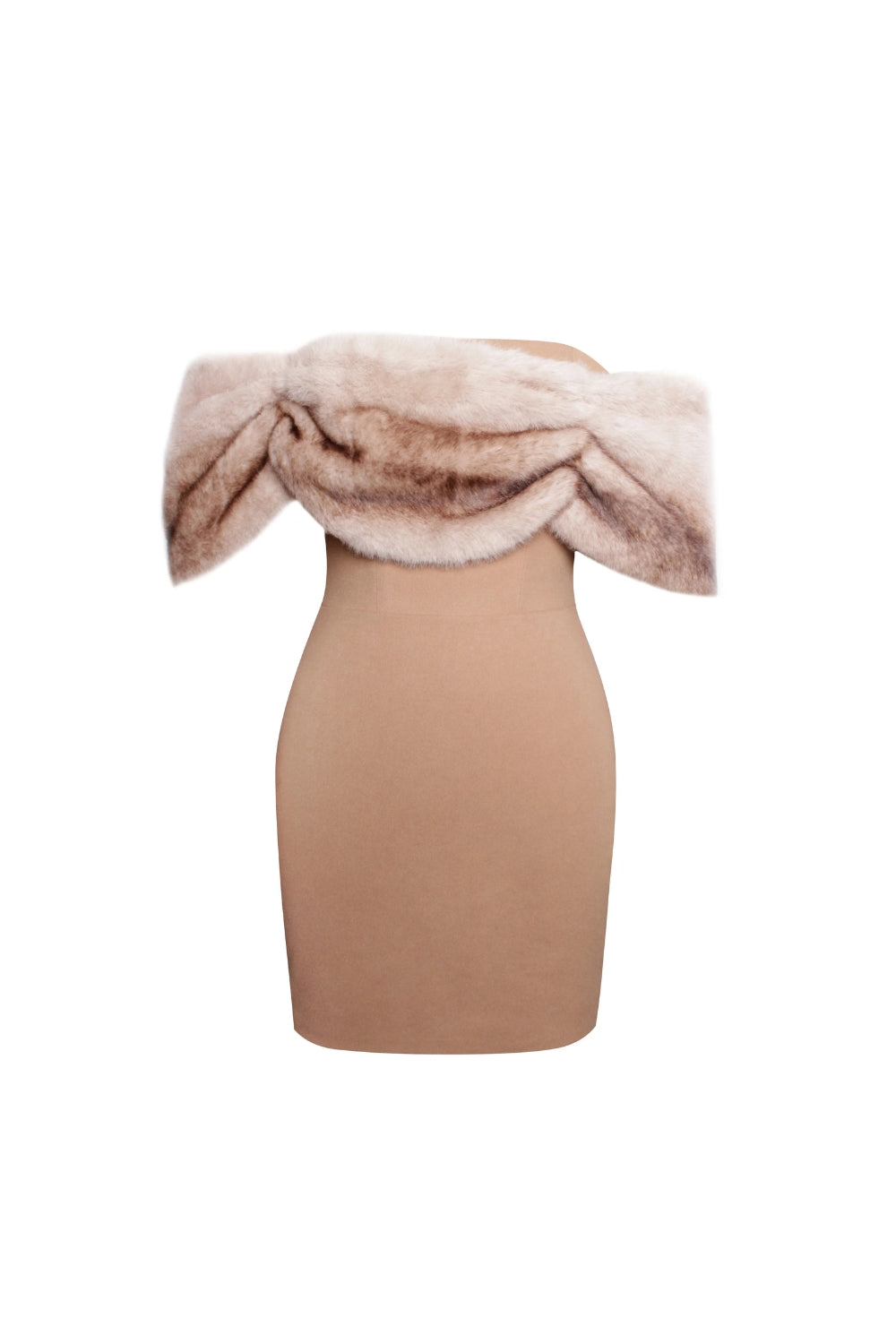 TURMERIC OFF-SHOULDER FUR TRIM MINI DRESS