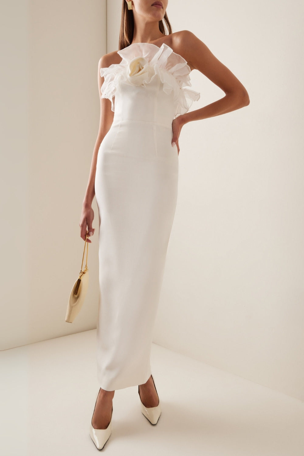 masiso.store_68 RUFFLED SILK STRAPLESS MIDI DRESS, BEIGE WEDDING GUEST
