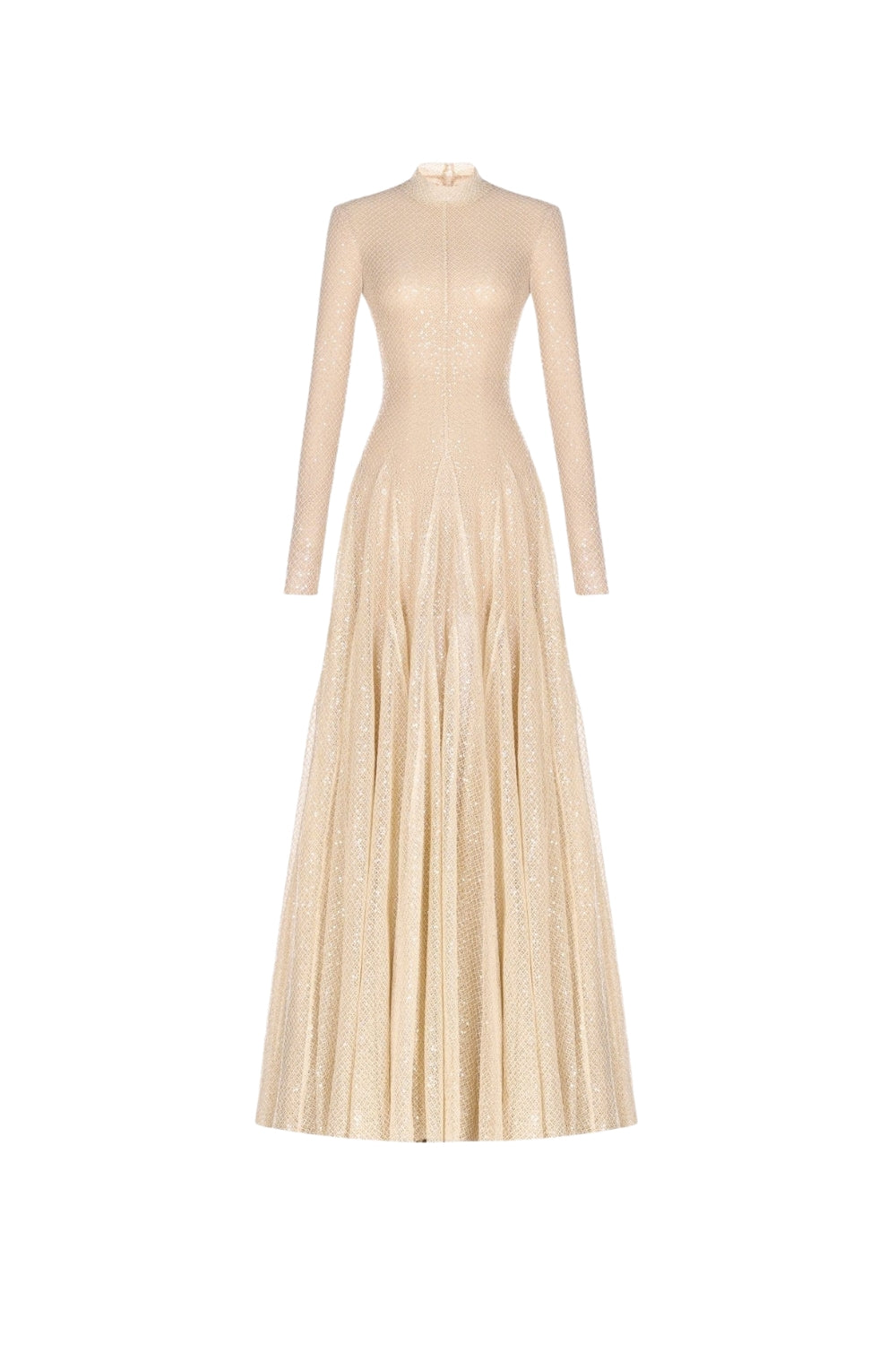 BEIGE MESH LONG SLEEVE SLIM MAXI DRESS