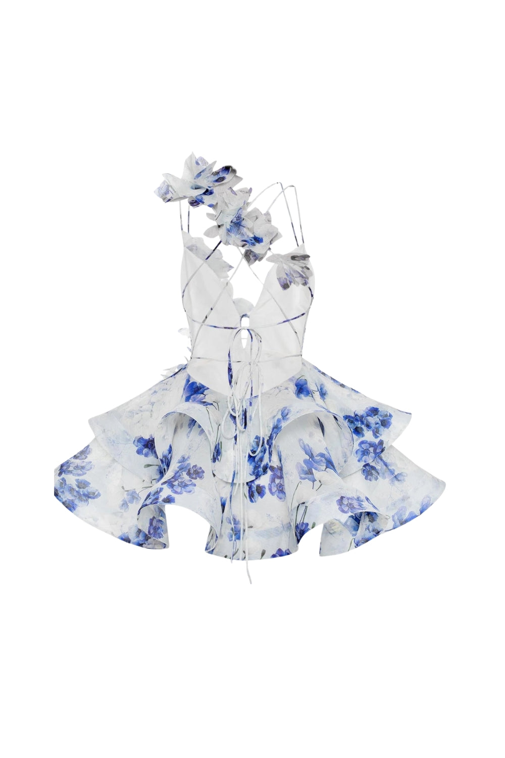 HELEN 3D FLOWER CHIFFON RUFFLE MINI DRESS BLUE