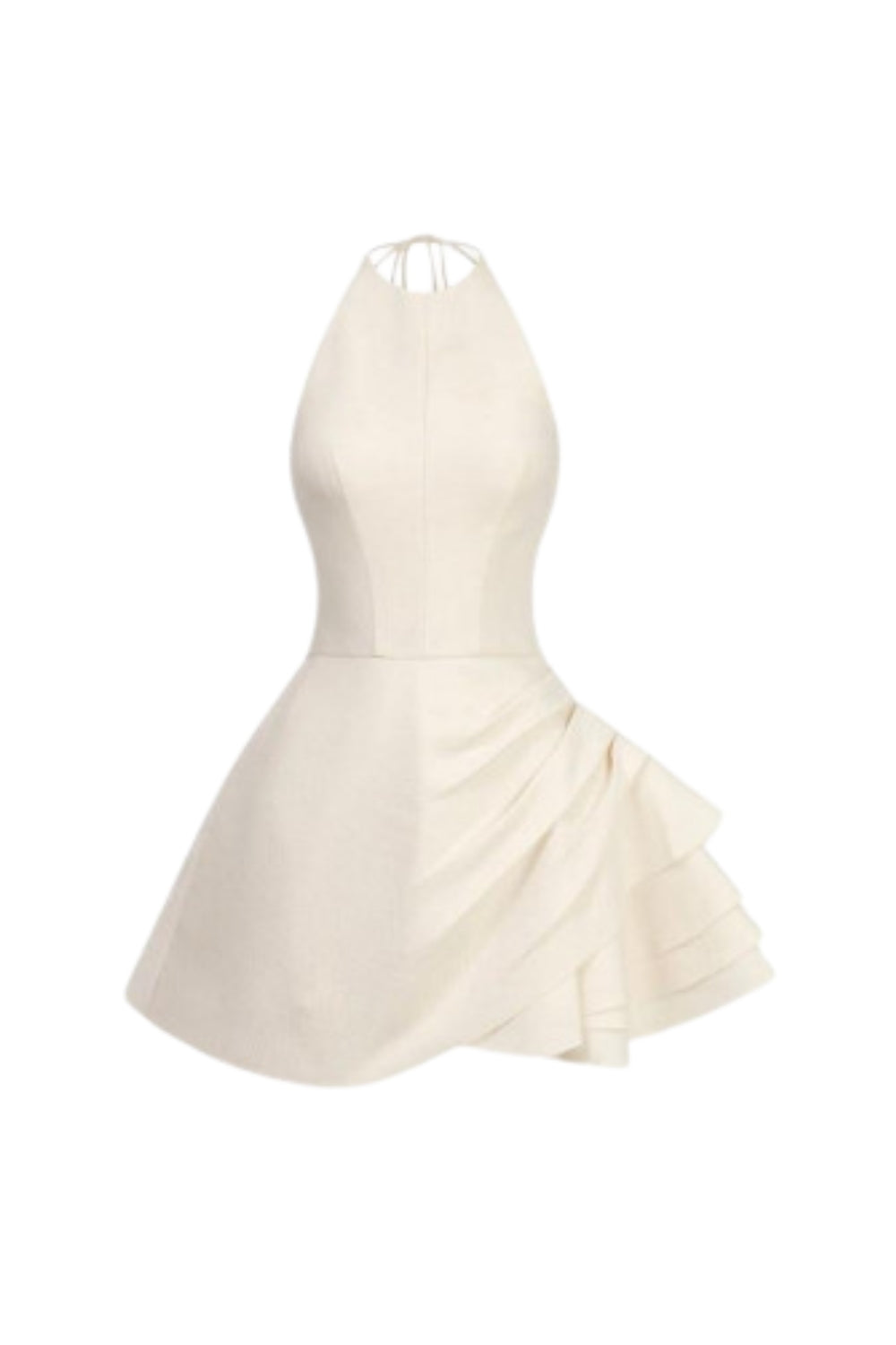 ELSA HALTER MINI DRESS, BEIGE, BACKLESS PLEATED PARTY