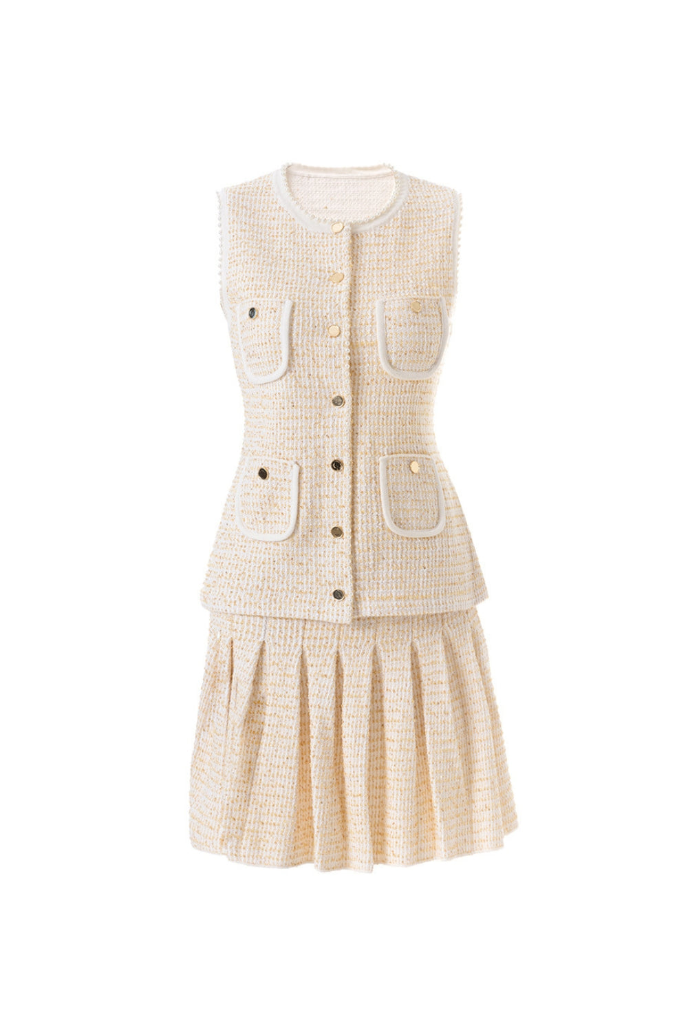 CELESTE TWEED VEST & PLEATED SKIRT SET IN APRICOT