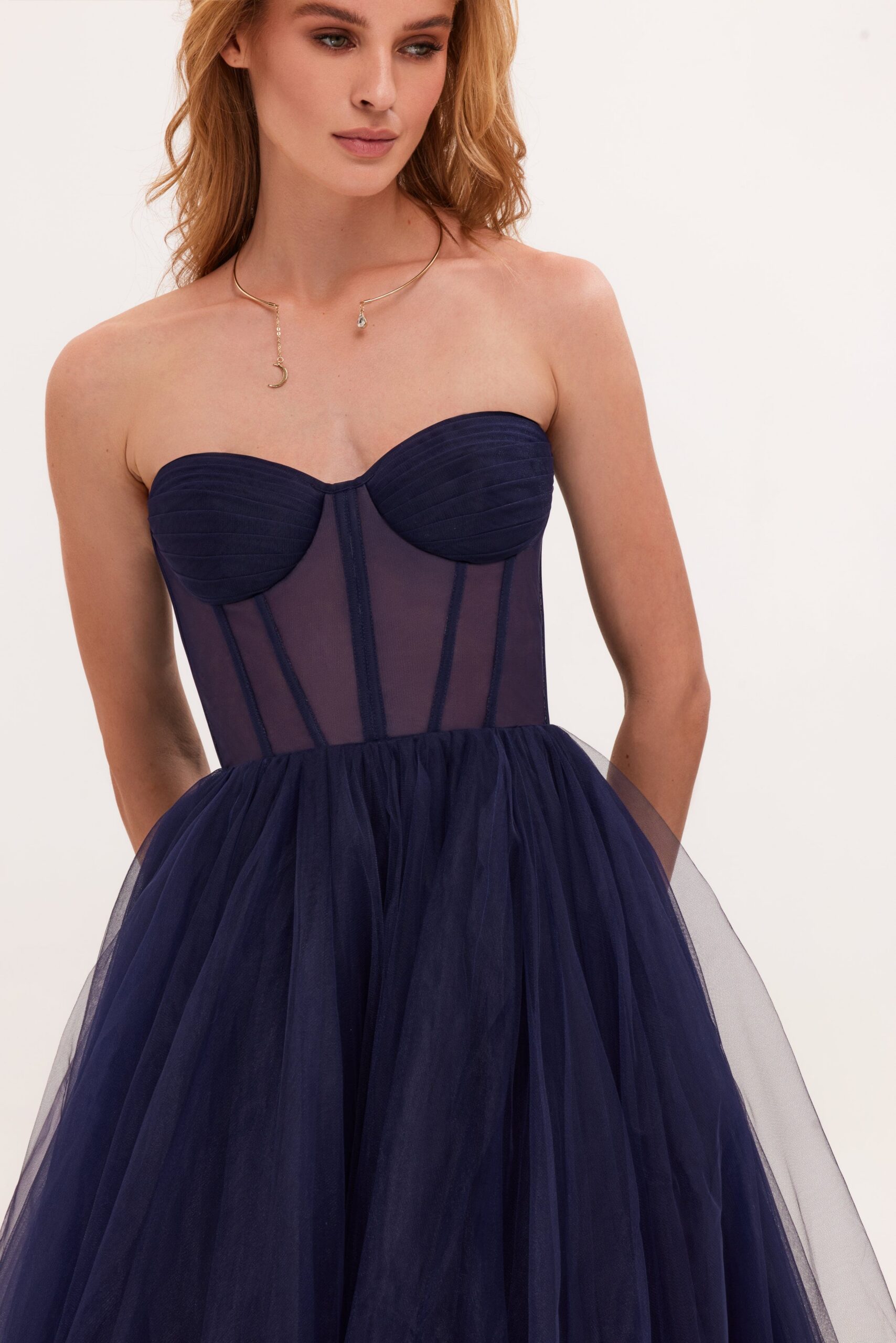 millaextrasavechko10005_1 NAVY STRAPLESS PUFFY MIDI TULLE DRESS