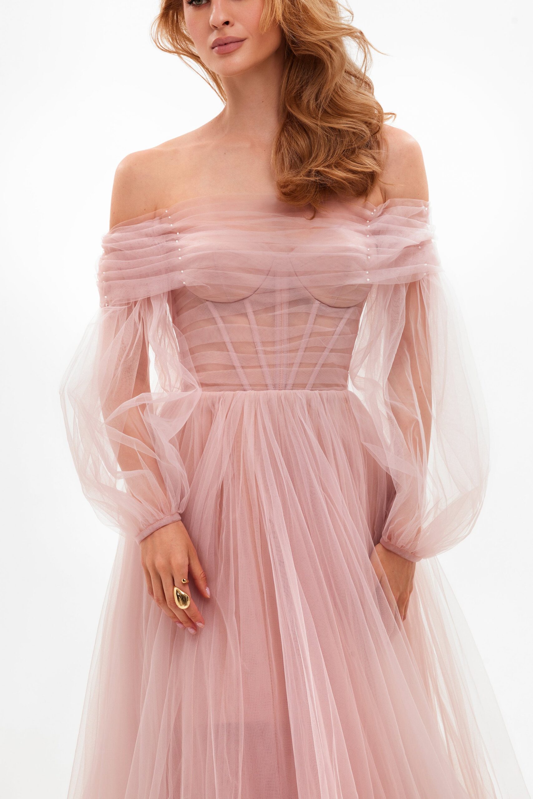 MISTY ROSE SHEER SLEEVE MAXI TULLE FORMAL DRESS