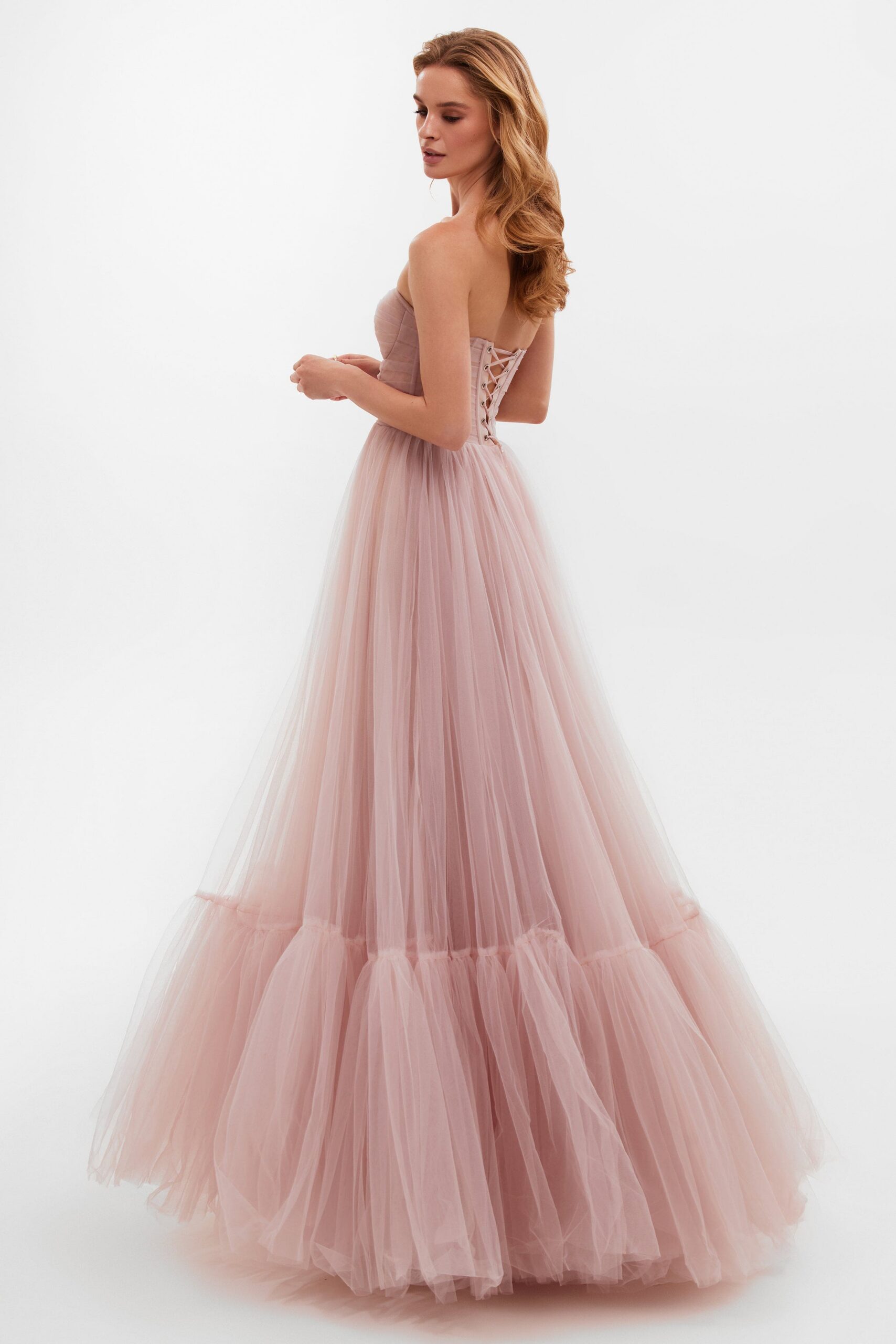 MISTY ROSE SHEER SLEEVE MAXI TULLE FORMAL DRESS