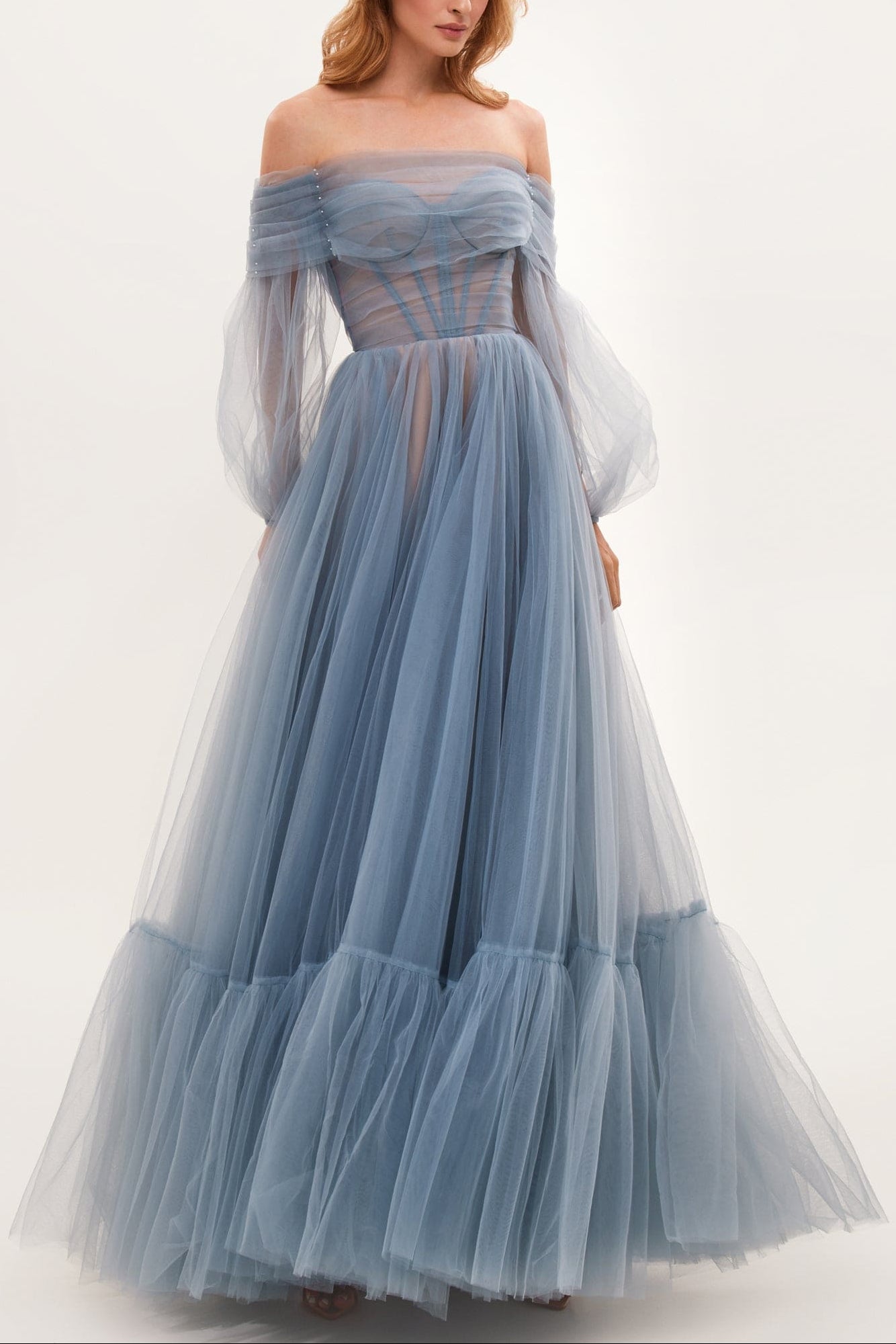 millaextrasavechko9784_2 OCEAN WAVE SHEER SLEEVE TULLE MAXI DRESS