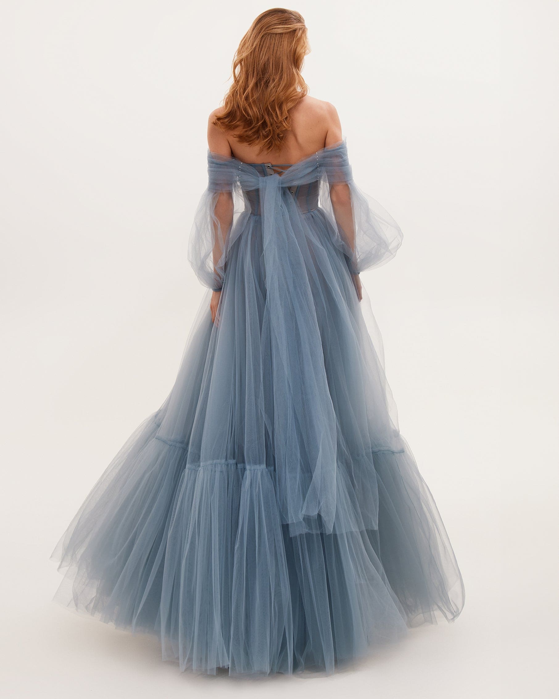 OCEAN WAVE SHEER SLEEVE TULLE MAXI DRESS