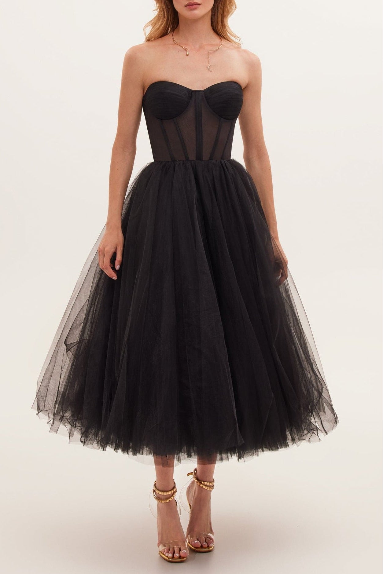 BLACK STRAPLESS PUFFY TULLE MIDI DRESS