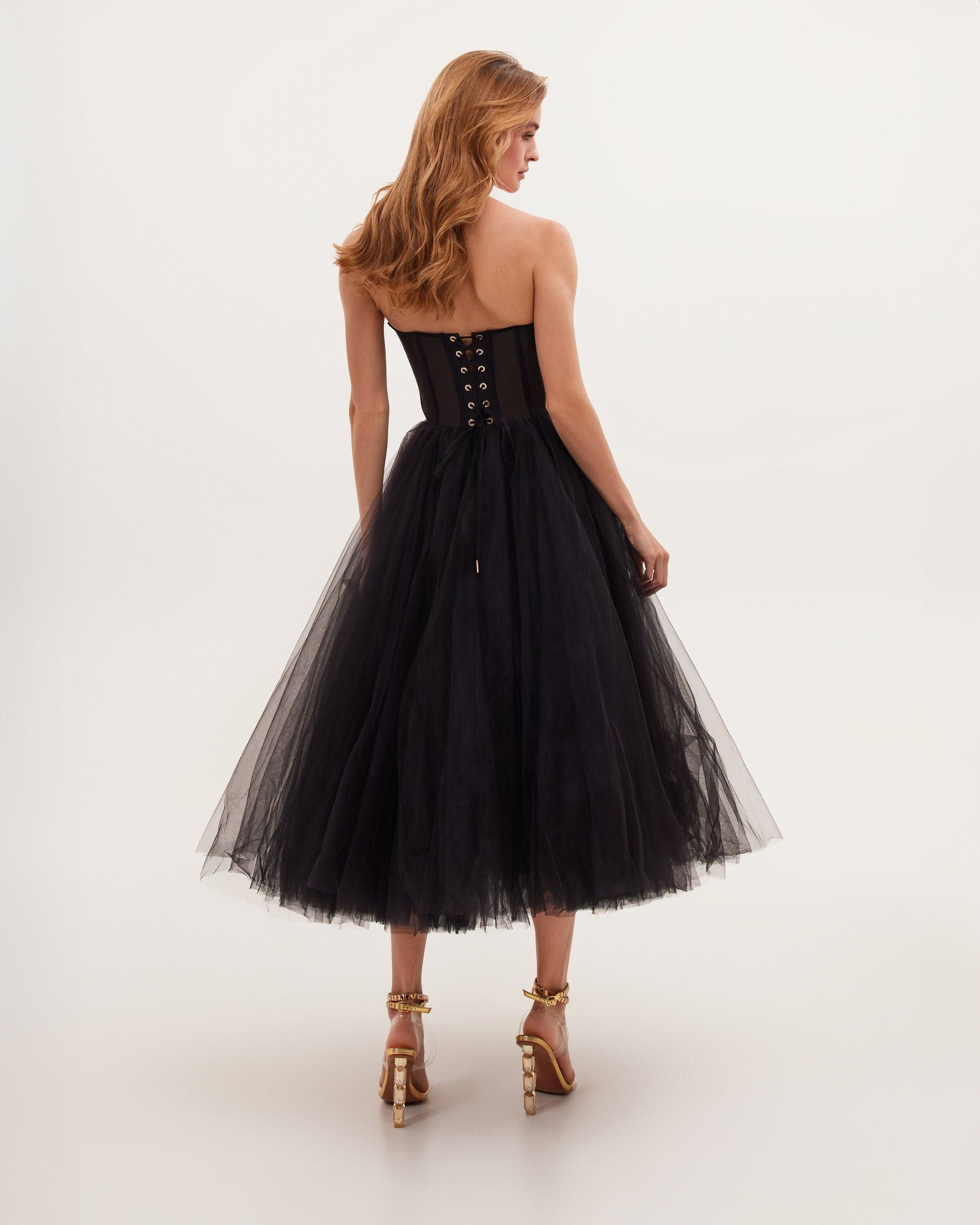 BLACK STRAPLESS PUFFY TULLE MIDI DRESS