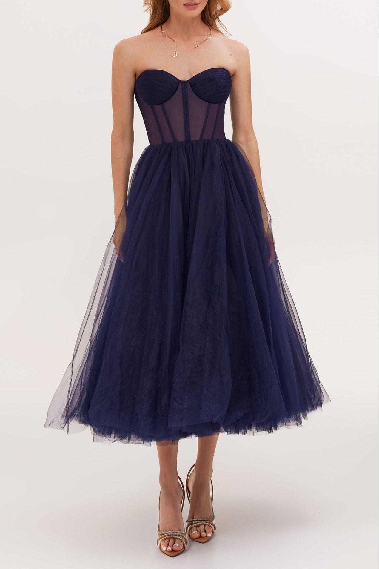 NAVY STRAPLESS PUFFY MIDI TULLE DRESS