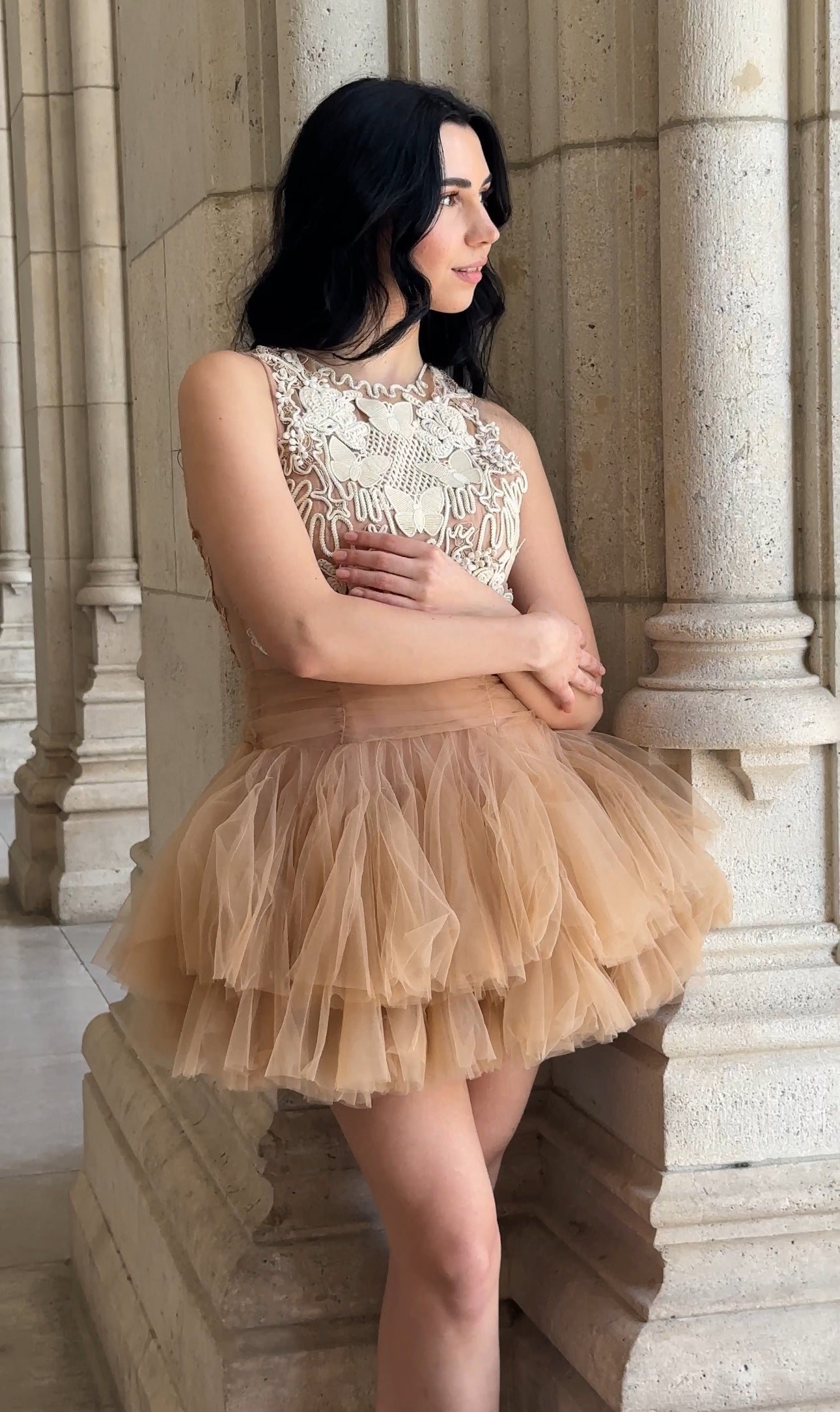 BEIGE BALLERINA TULLE MINI DRESS 3D APPLIQUE