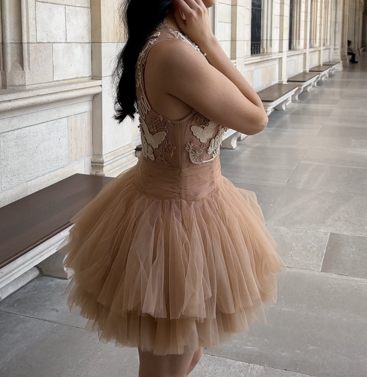 BEIGE BALLERINA TULLE MINI DRESS 3D APPLIQUE