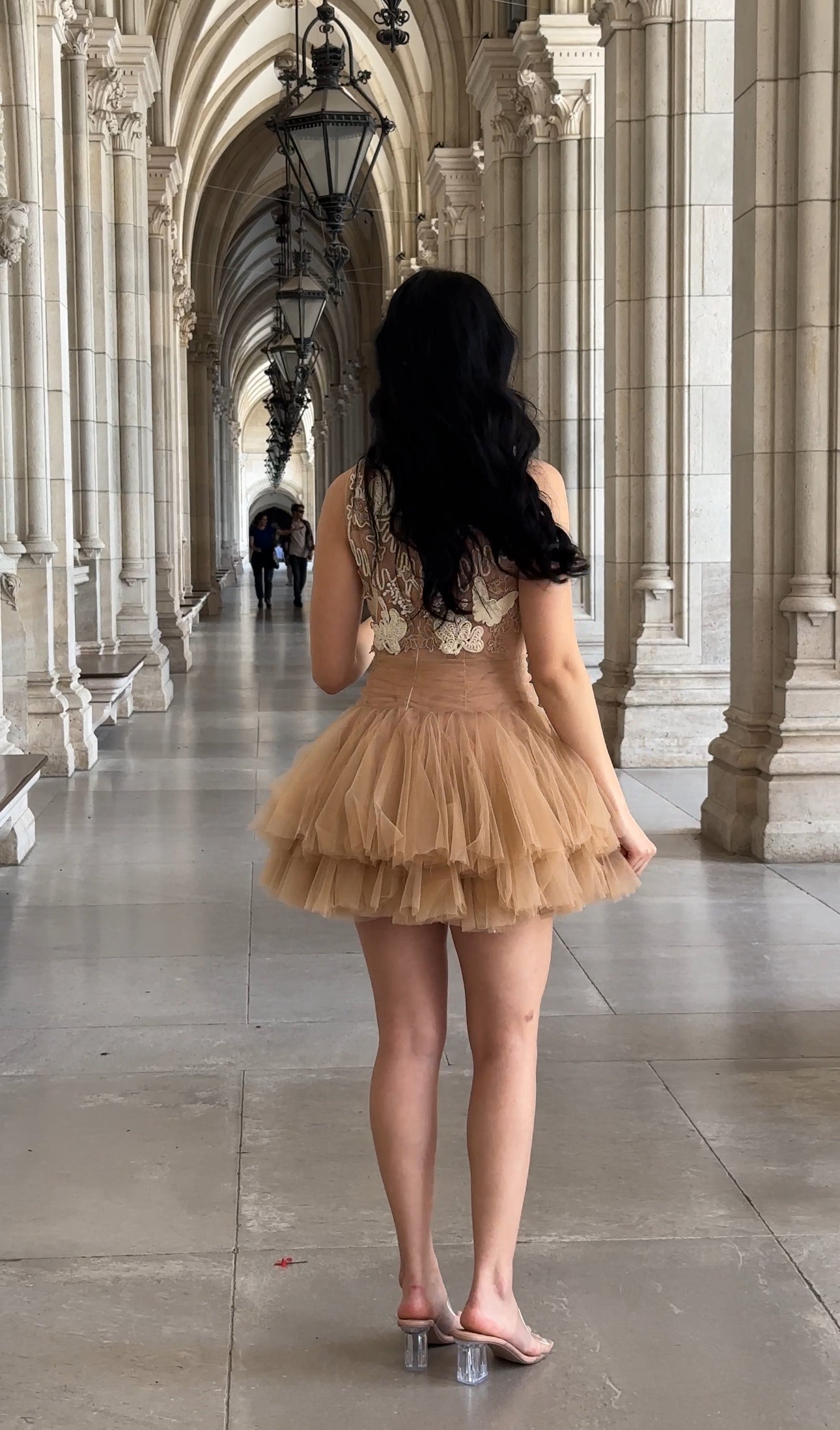 BEIGE BALLERINA TULLE MINI DRESS 3D APPLIQUE