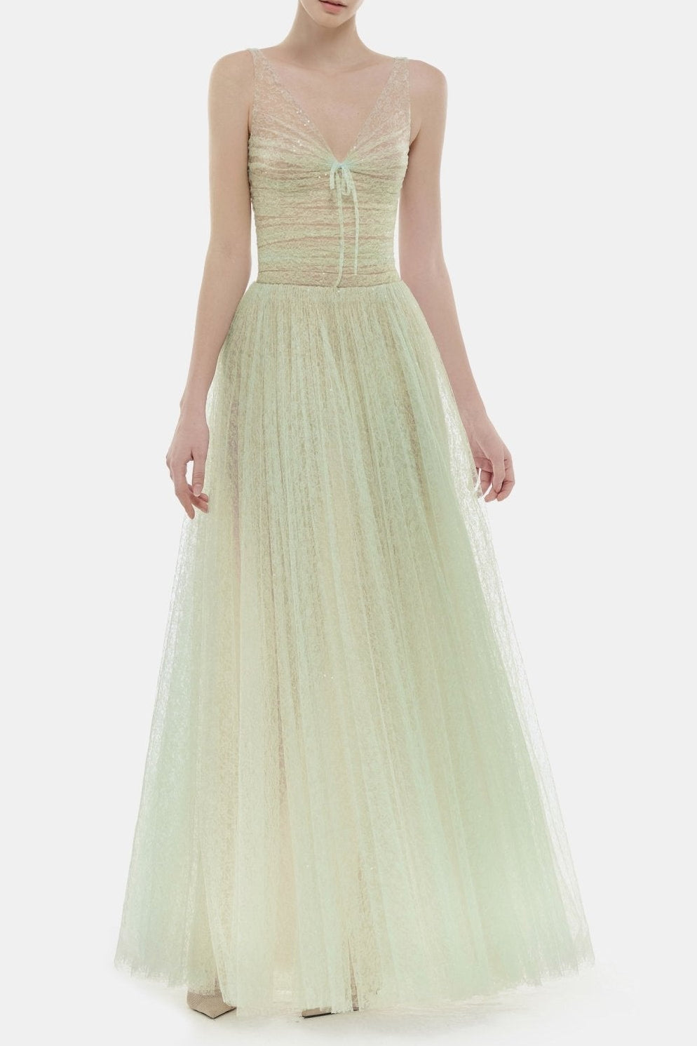 MONICA MINT DRAPED TULLE FISHBONE MAXI DRESS