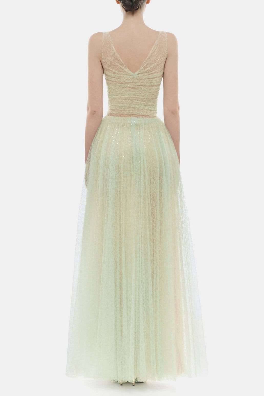 MONICA MINT DRAPED TULLE FISHBONE MAXI DRESS
