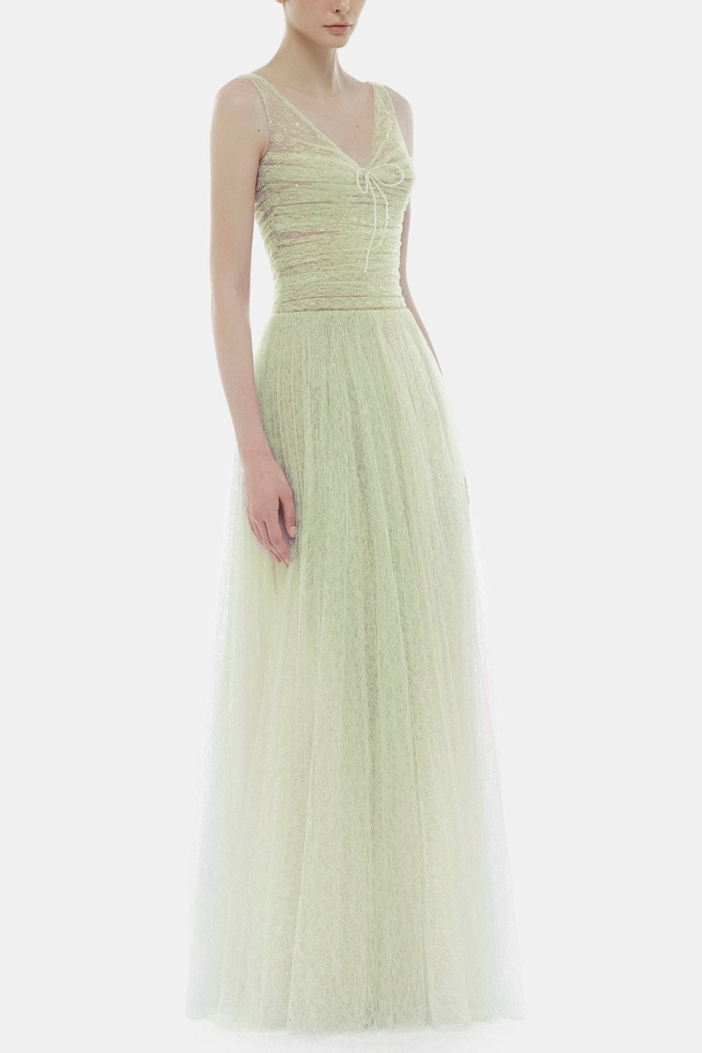 MONICA MINT DRAPED TULLE FISHBONE MAXI DRESS