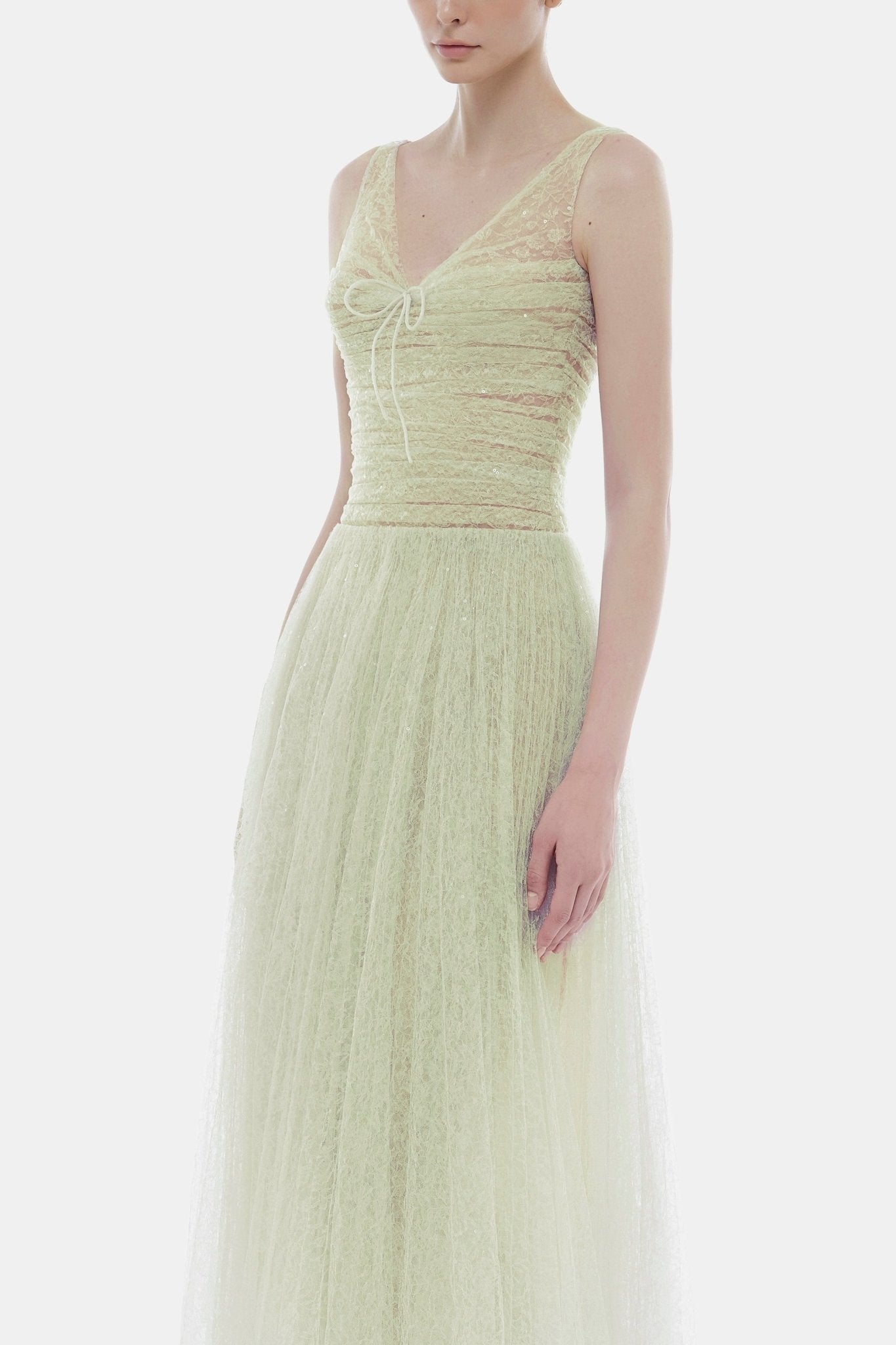 MONICA MINT DRAPED TULLE FISHBONE MAXI DRESS