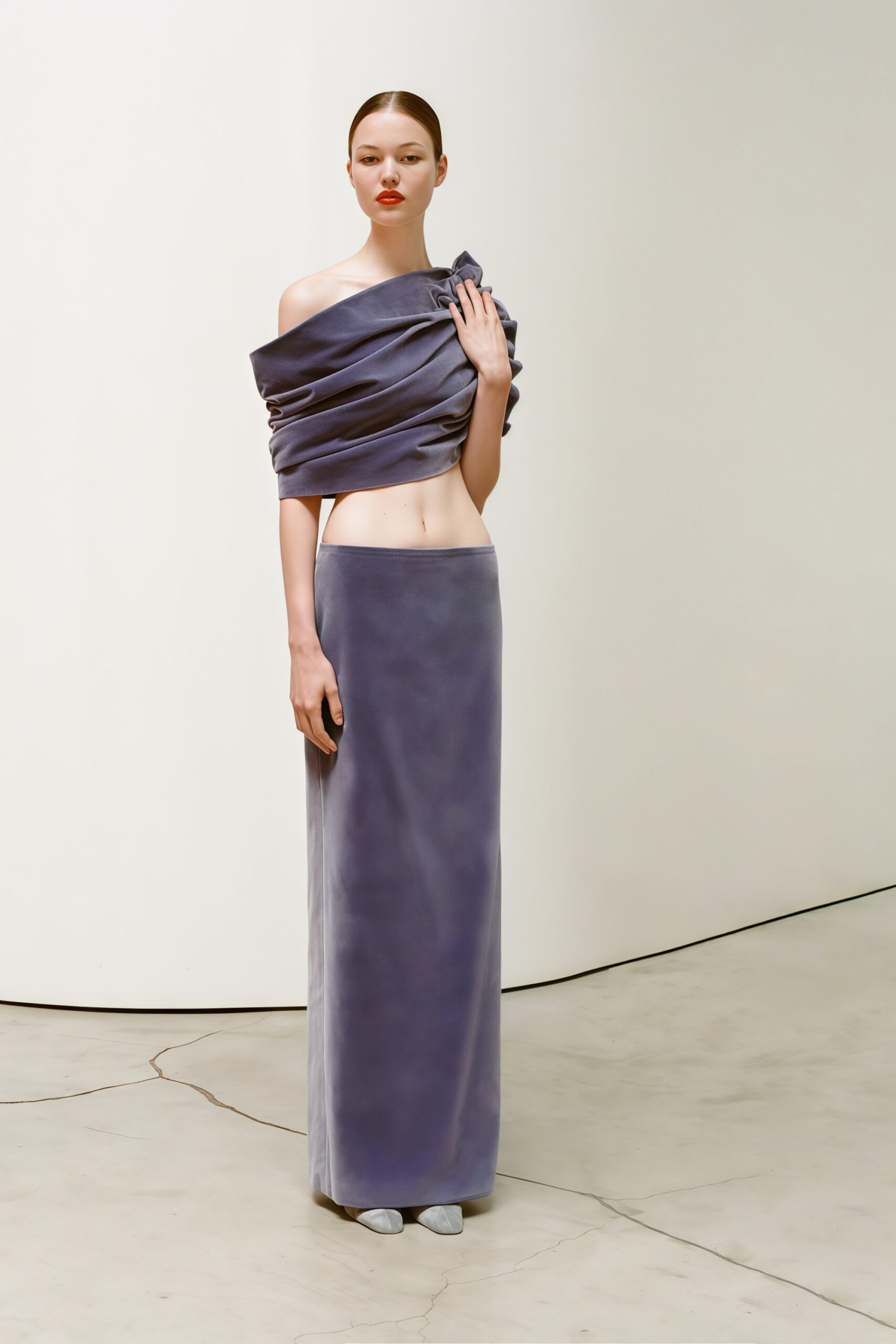 PURPLE VELVET ASYMMETRICAL CROPPED TWO-PIECE SET
