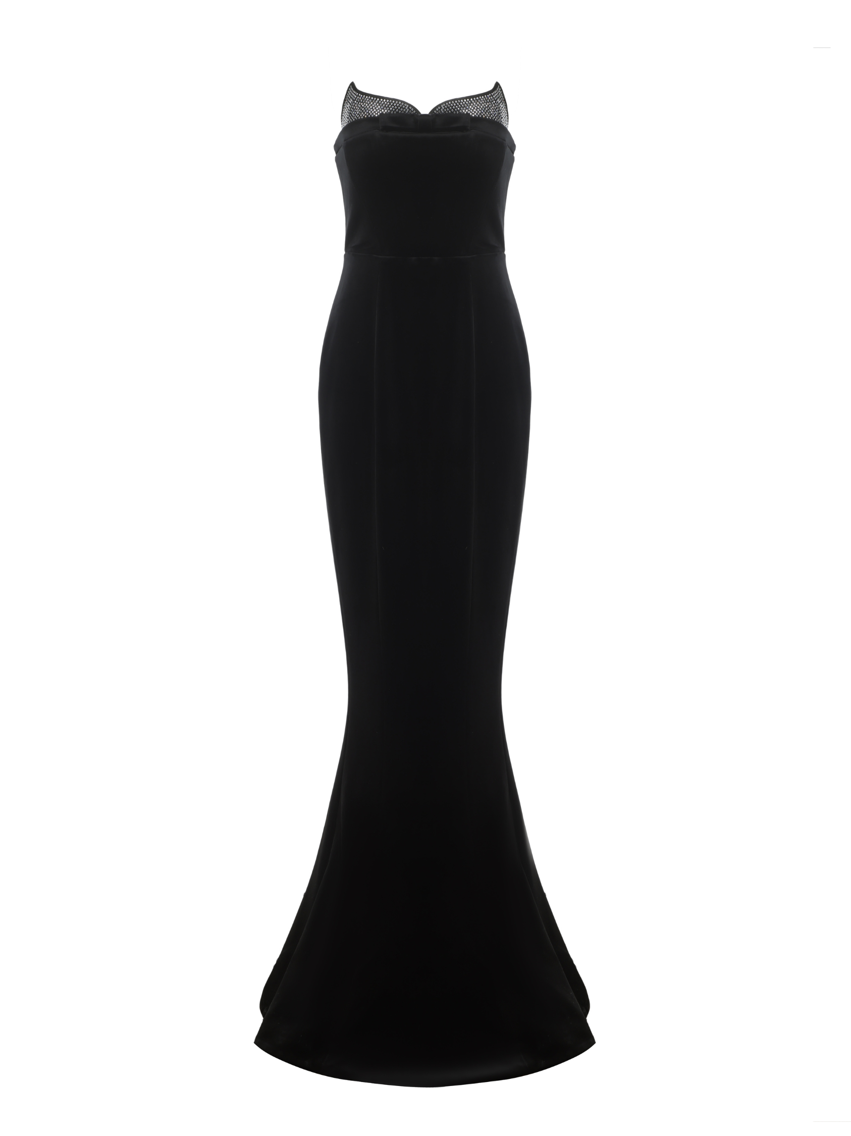 ELLEN VELVET STRAPLESS MAXI DRESS, BLACK, HIGH SLIT