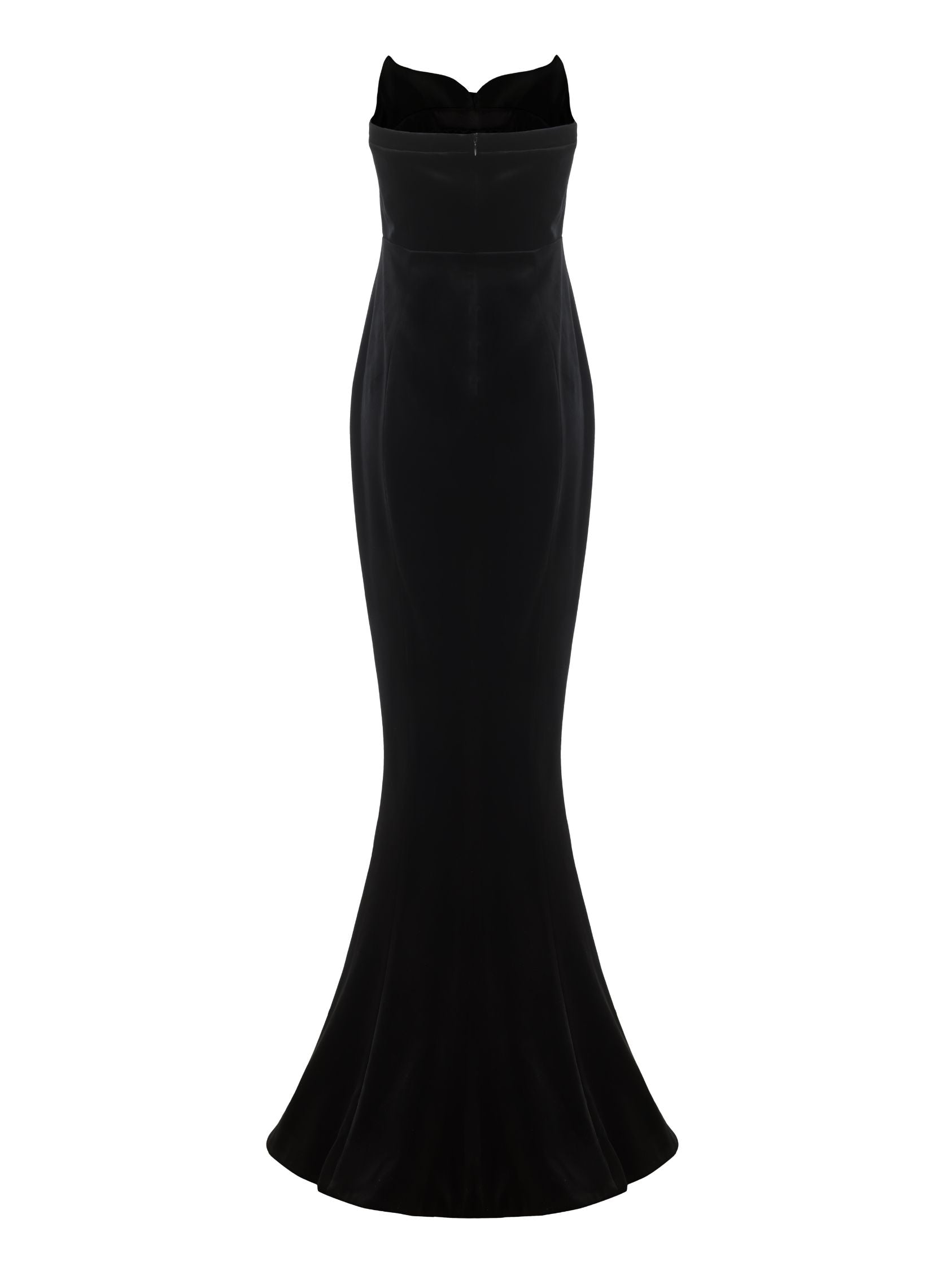 ELLEN VELVET STRAPLESS MAXI DRESS, BLACK, HIGH SLIT
