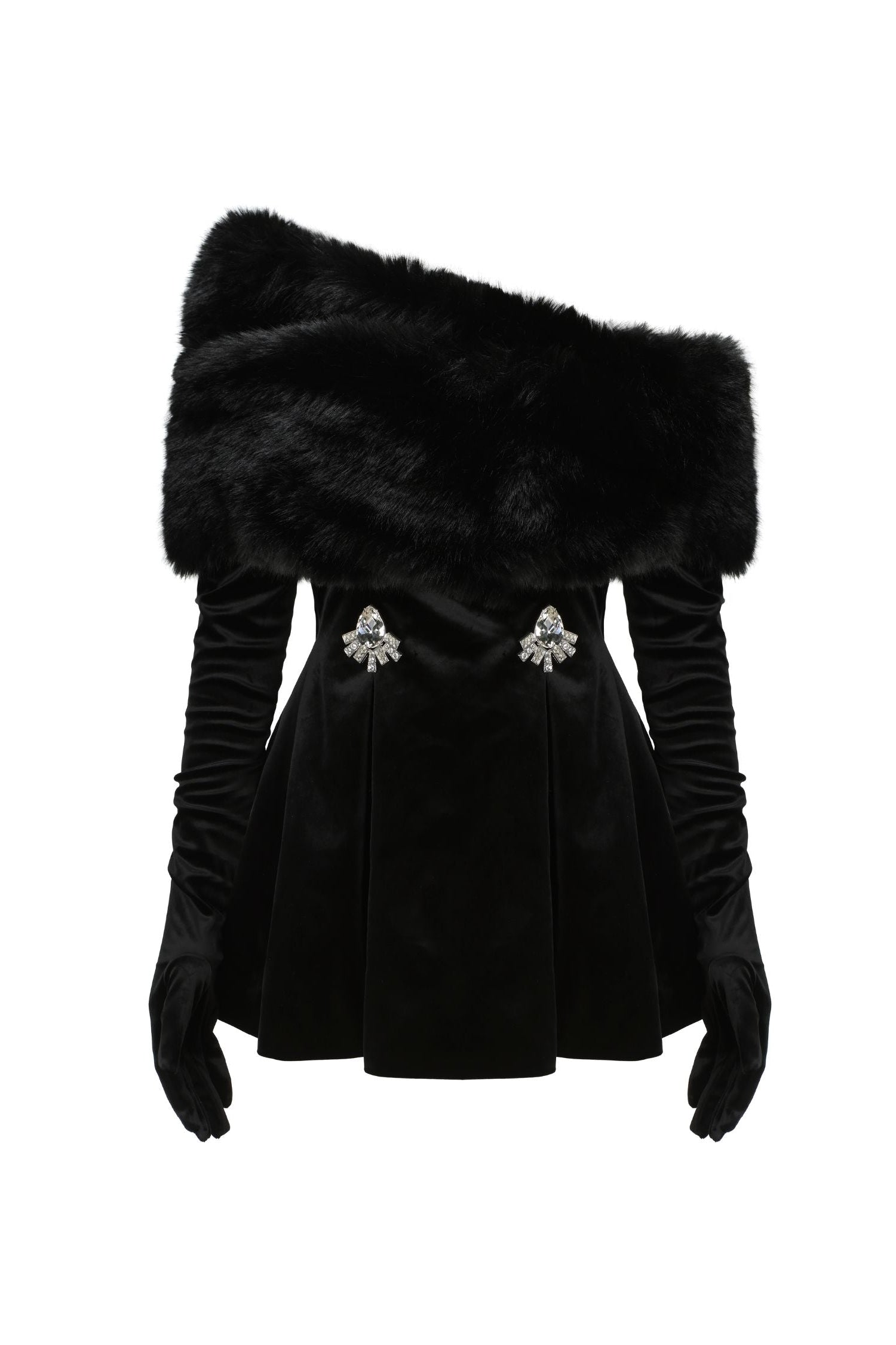DAPHNE BLACK FUR VELVET MINI DRESS, LONG SLEEVE