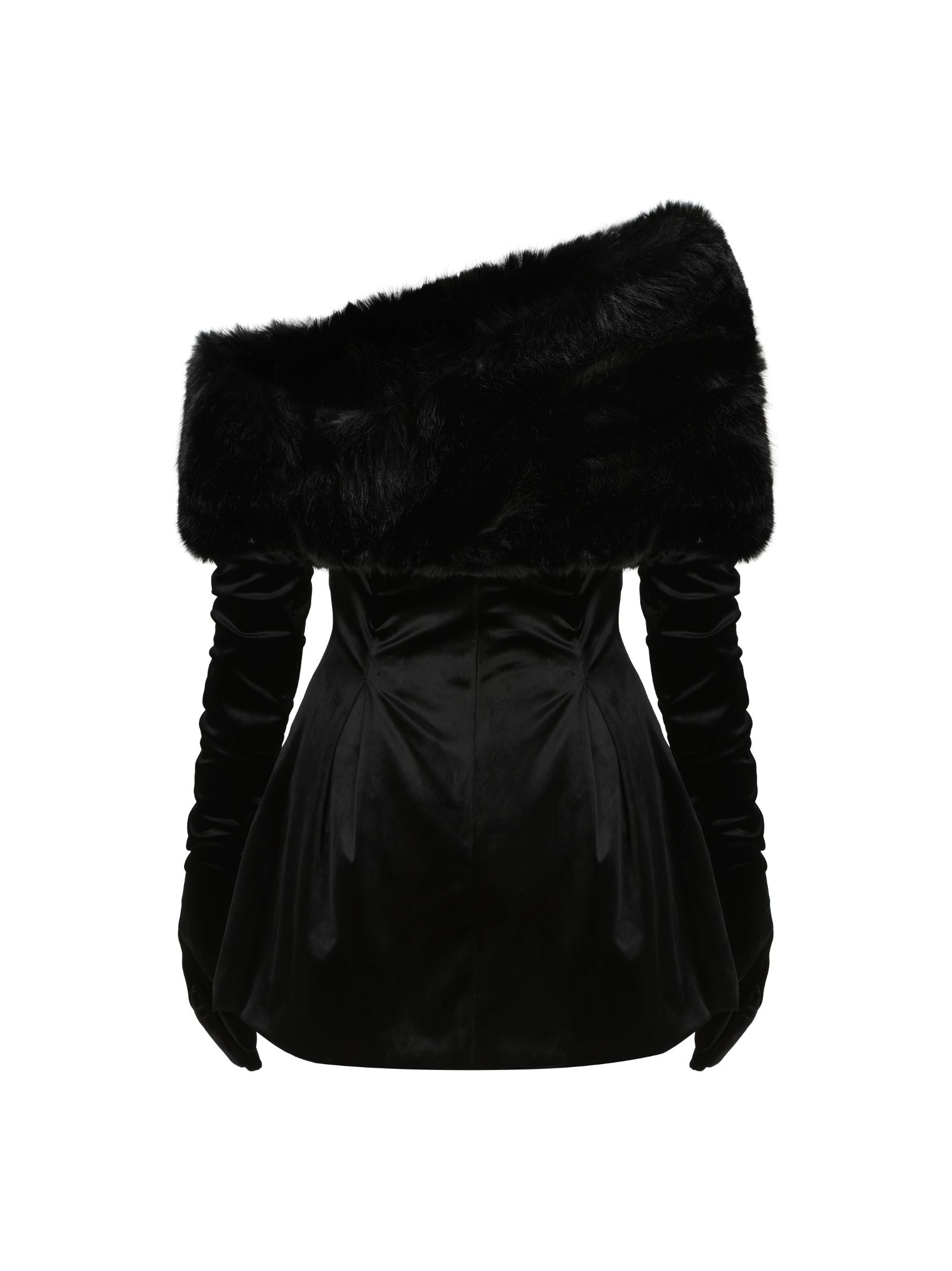 DAPHNE BLACK FUR VELVET MINI DRESS, LONG SLEEVE