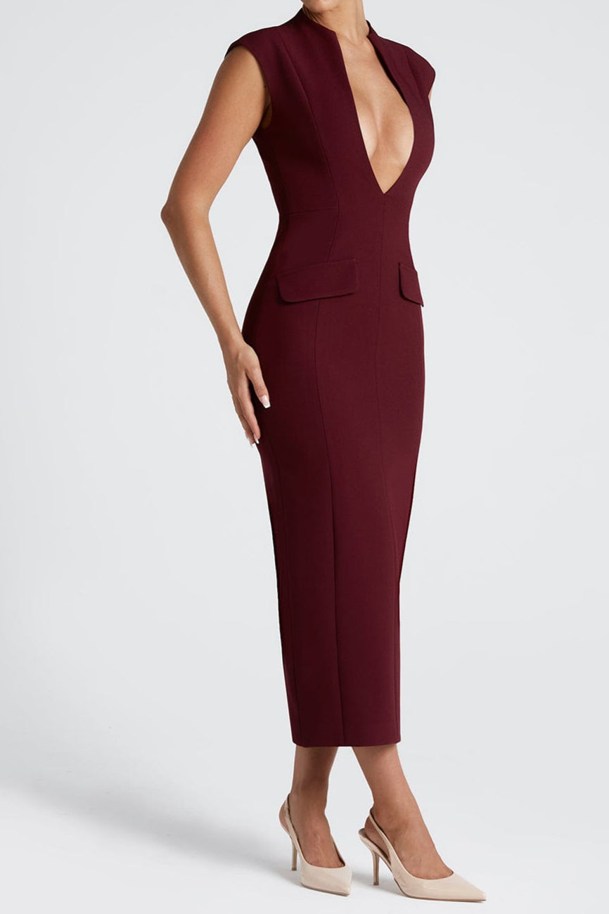 NELLIE V-NECK BODYCON MIDI DRESS IN CHERRY LACQUER