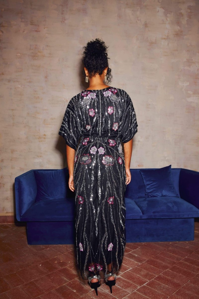 DOREEN SEQUIN FLORAL MAXI DRESS - BLACK